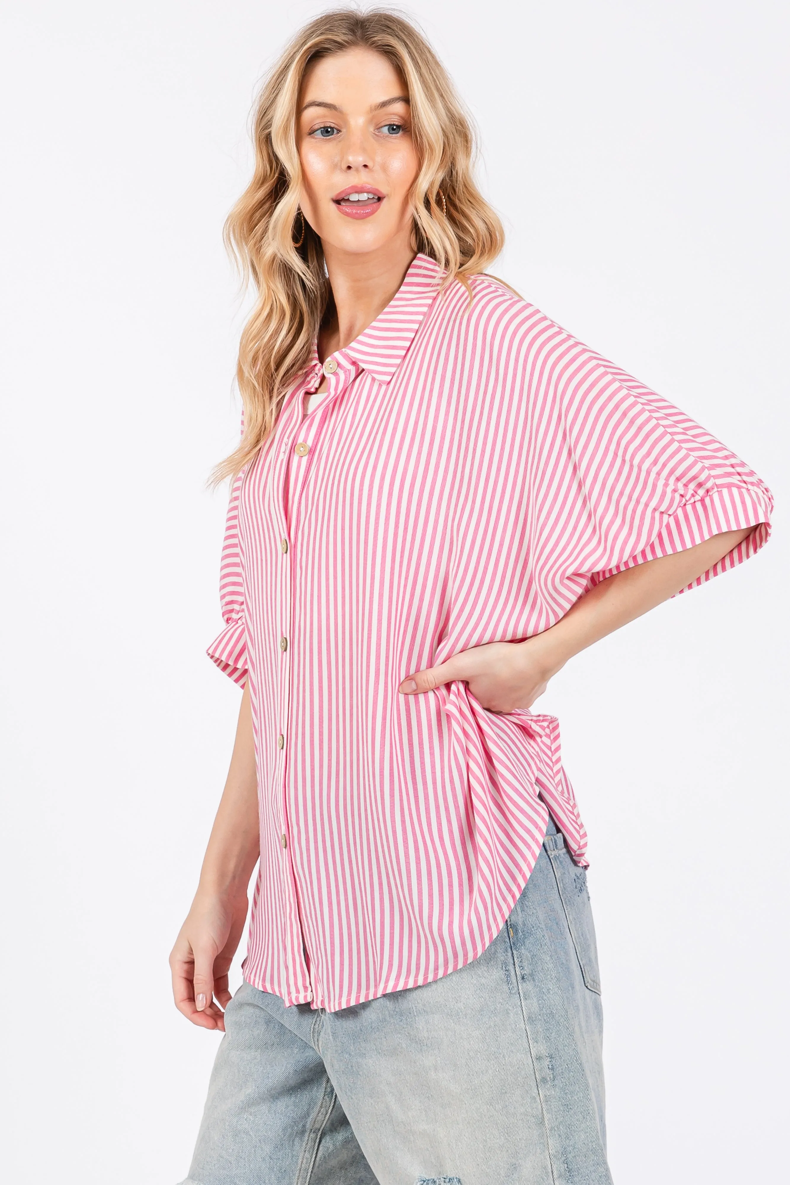 Pink Striped Button Up Collared Short Sleeve Top sold by Pinkblush product image thumbnail 2