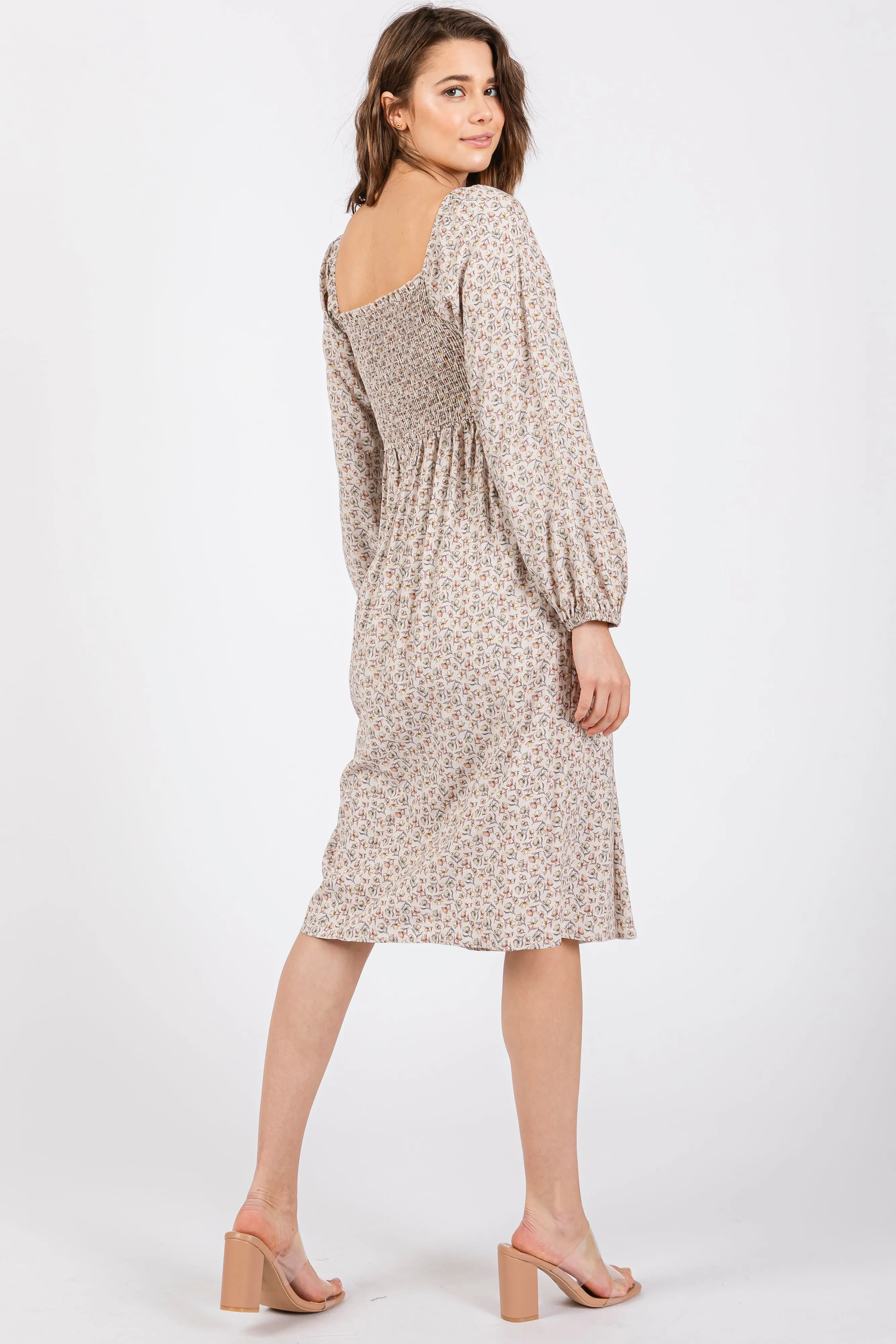 Beige Floral Print Long Sleeve Midi Dress sold by Pinkblush product image thumbnail 3