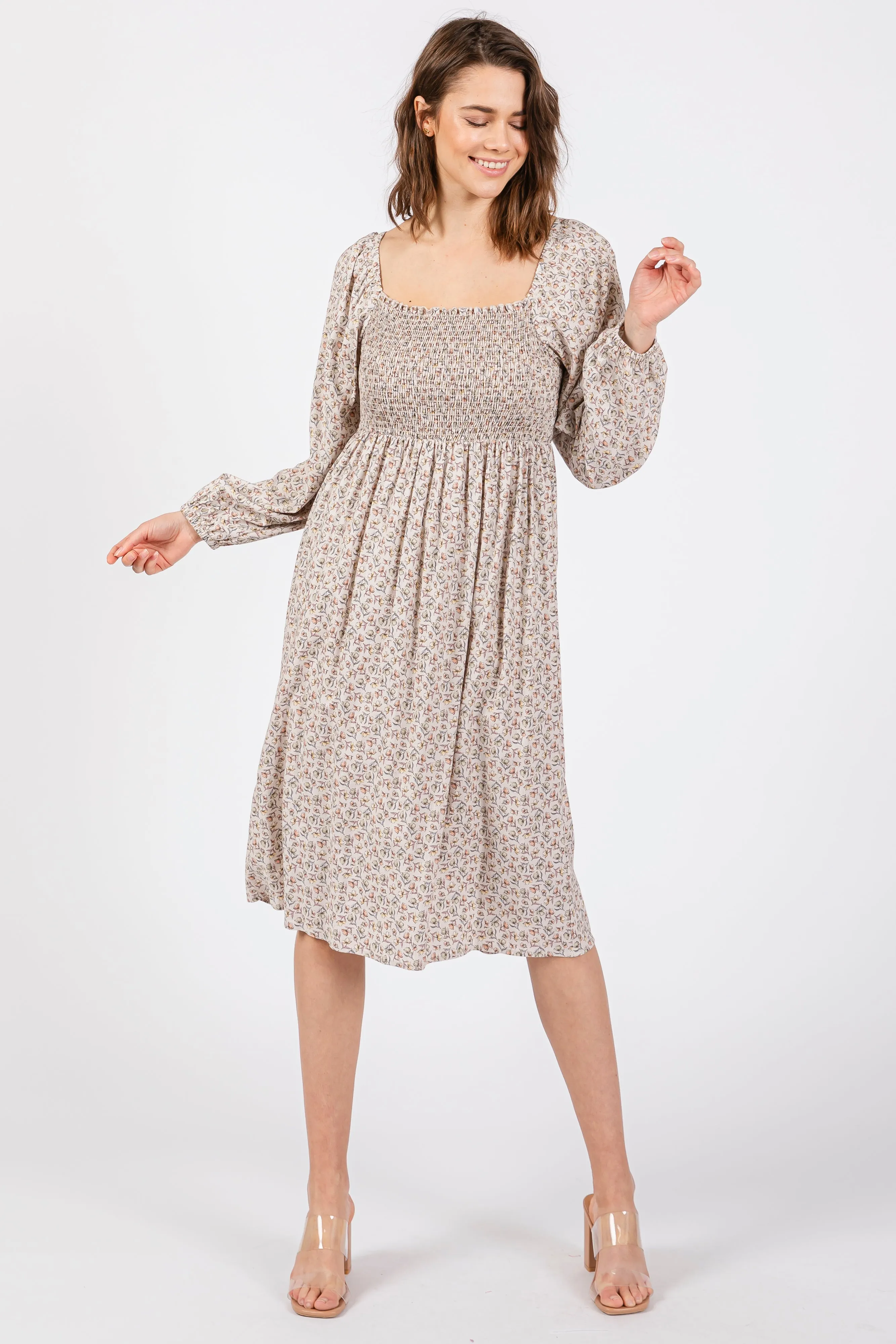 Beige Floral Print Long Sleeve Midi Dress sold by Pinkblush