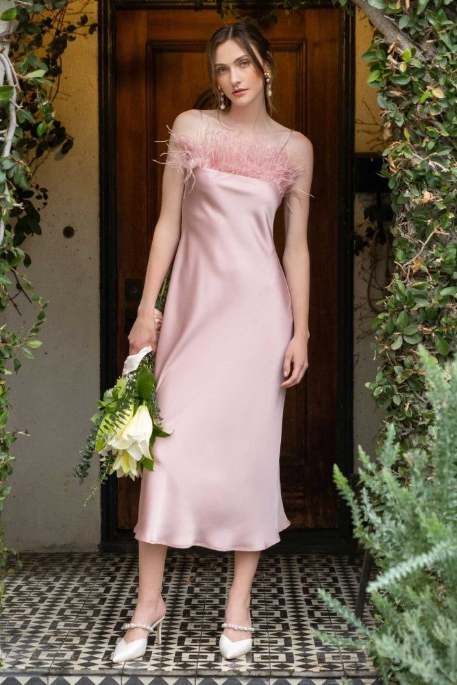 Pink Faux Feather Trim Slip Midi Dress sold by Pinkblush