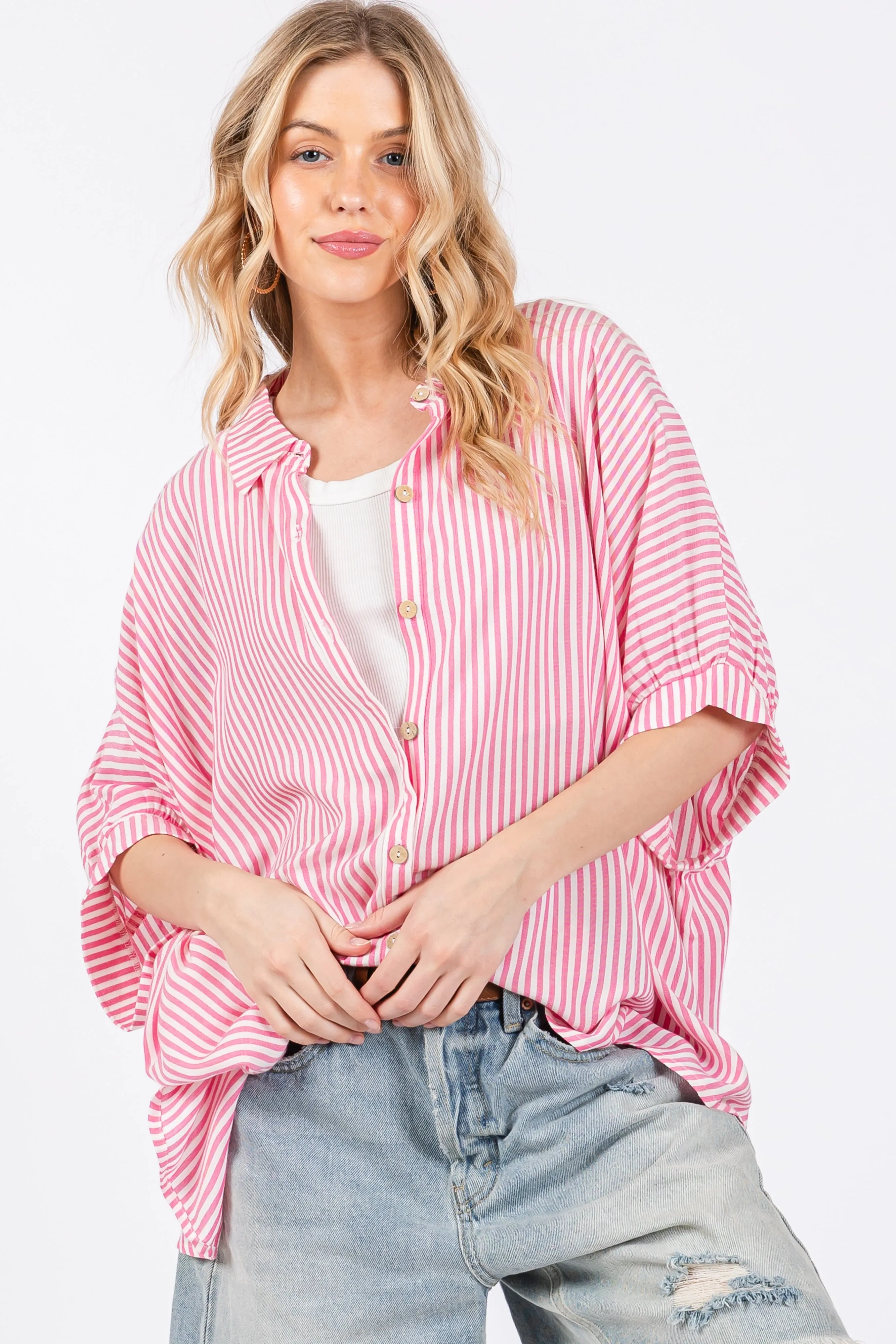 Pink Striped Button Up Collared Short Sleeve Top sold by Pinkblush