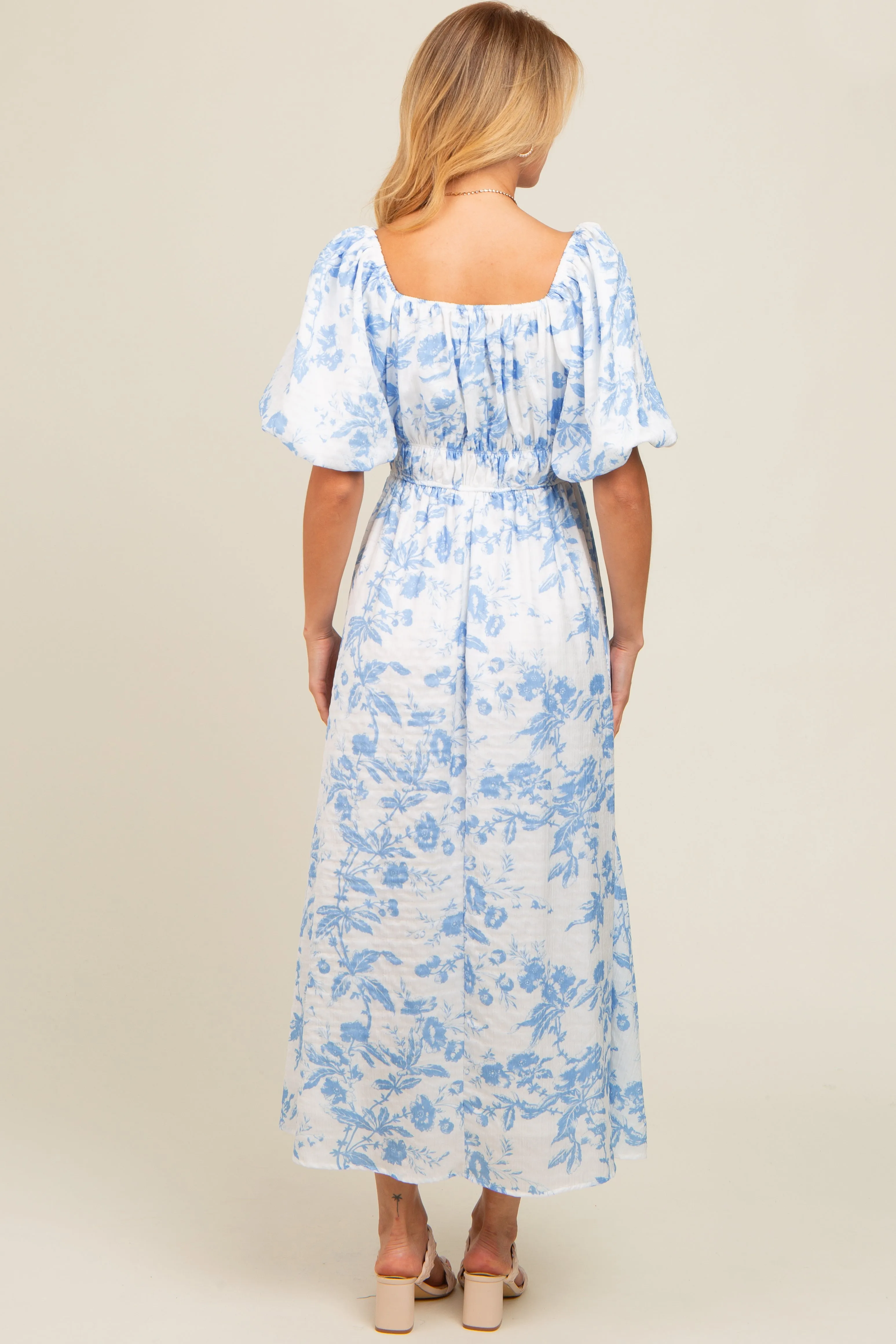 Blue Floral Puff Sleeve Midi Dress sold by Pinkblush product image thumbnail 4