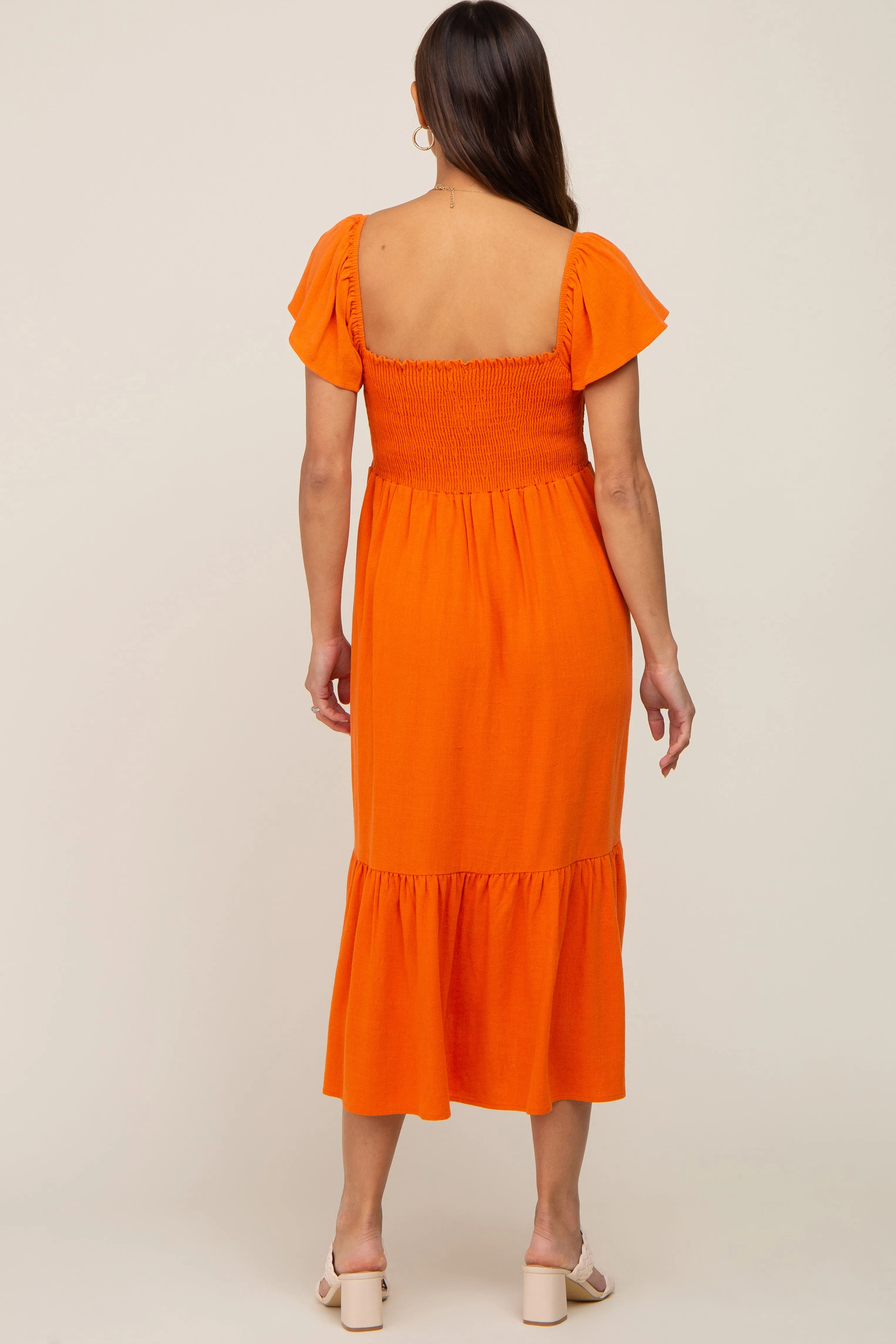 Orange Smocked Ruffle Hem Maternity Midi Dress sold by Pinkblush product image thumbnail 3