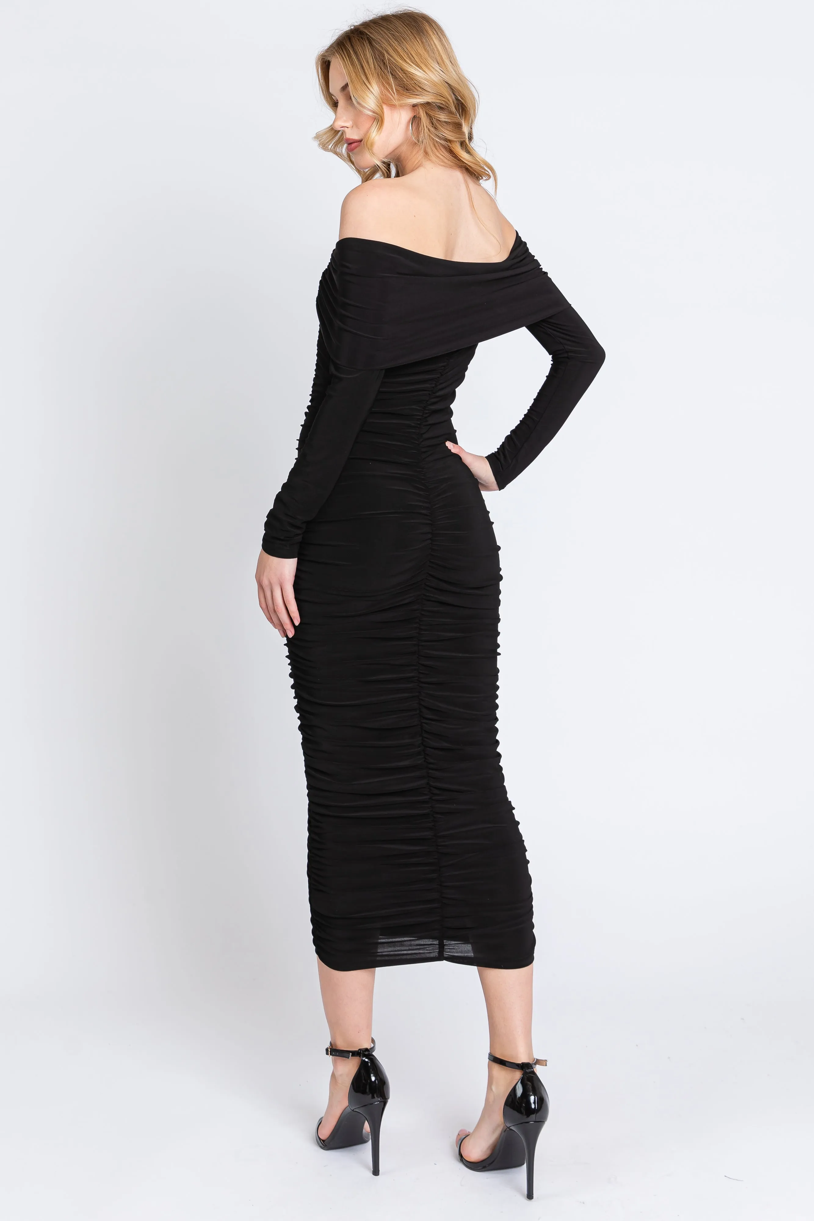 Black Off Shoulder Mesh Ruched Midi Dress sold by Pinkblush product image thumbnail 3