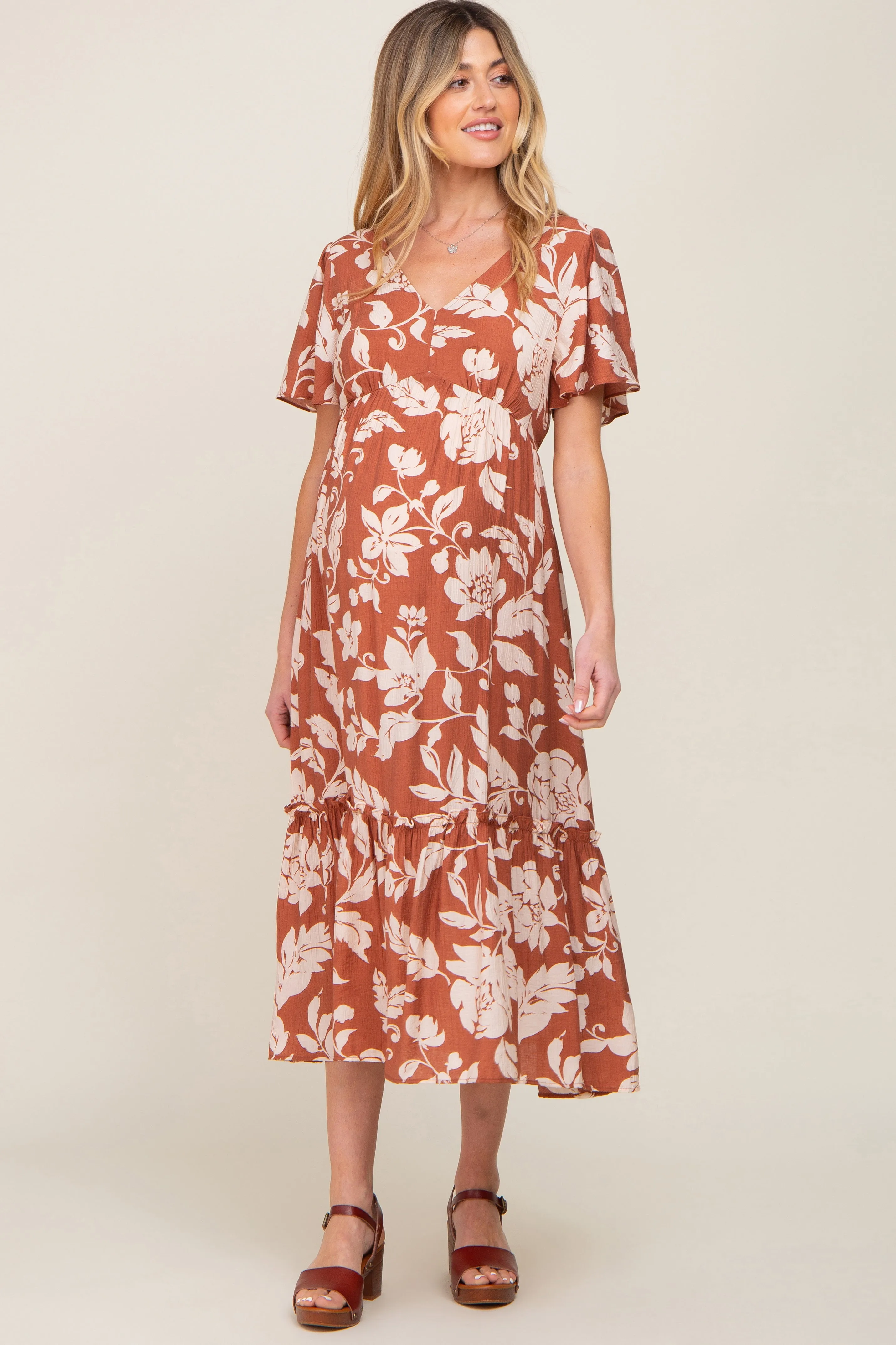 Rust Tropical Print Ruffle Maternity Midi Dress sold by Pinkblush product image thumbnail 2