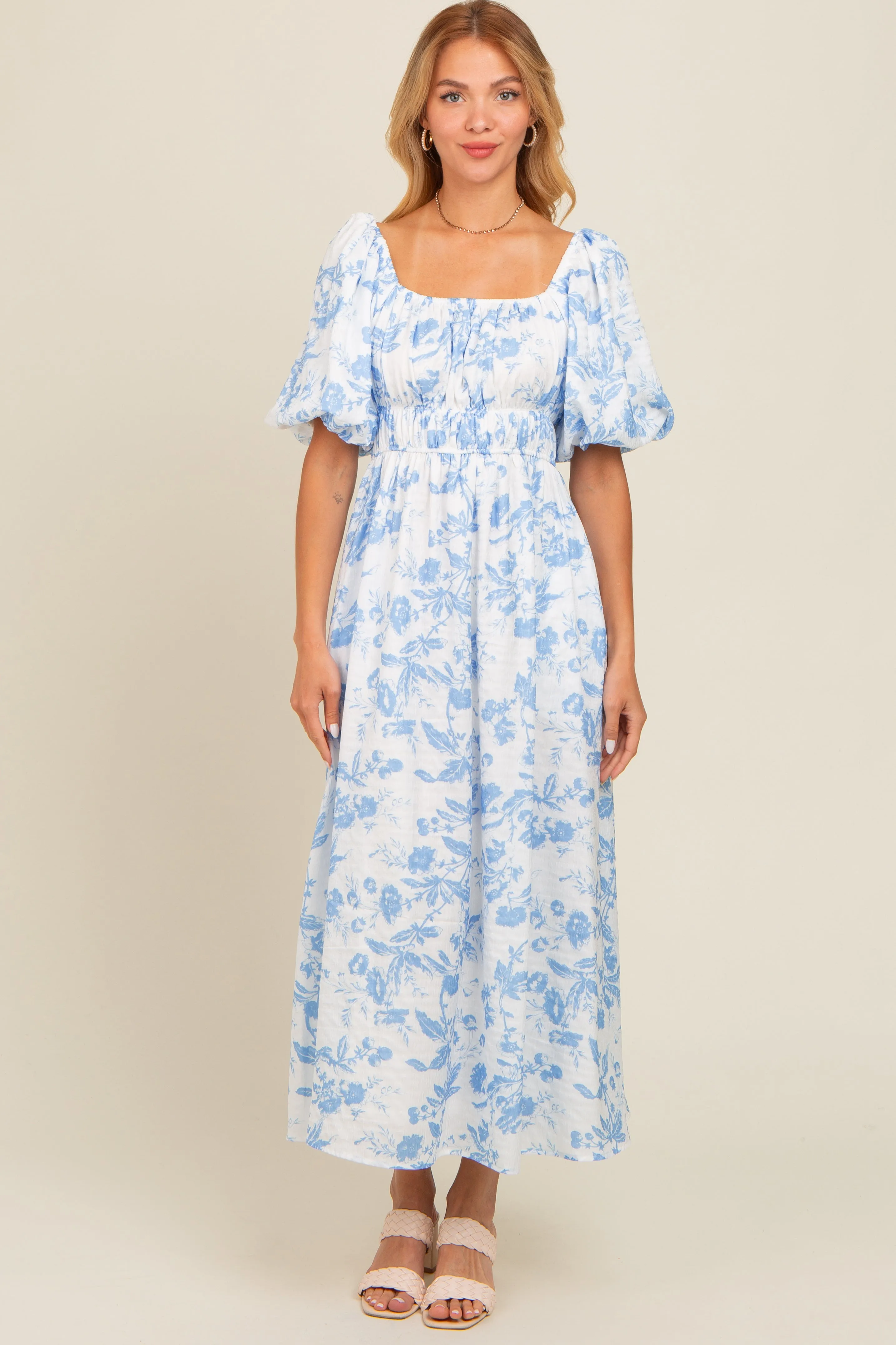 Blue Floral Puff Sleeve Midi Dress sold by Pinkblush product image thumbnail 2