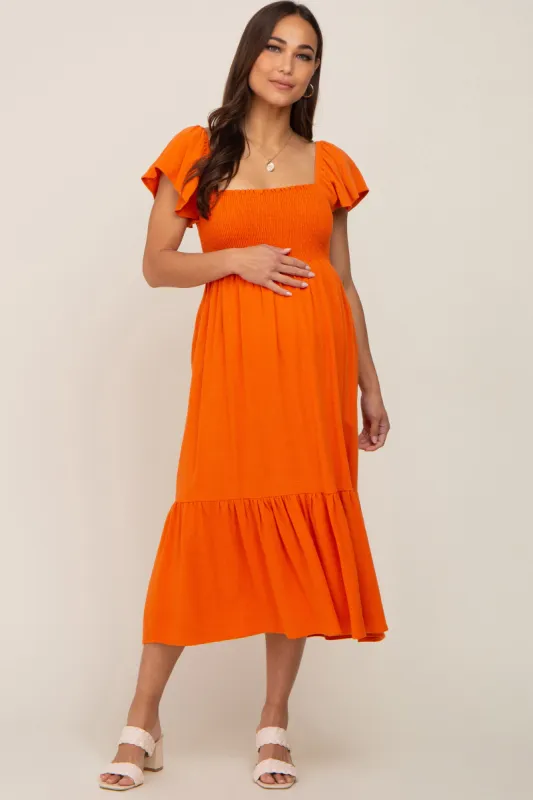 Orange Smocked Ruffle Hem Maternity Midi Dress sold by Pinkblush