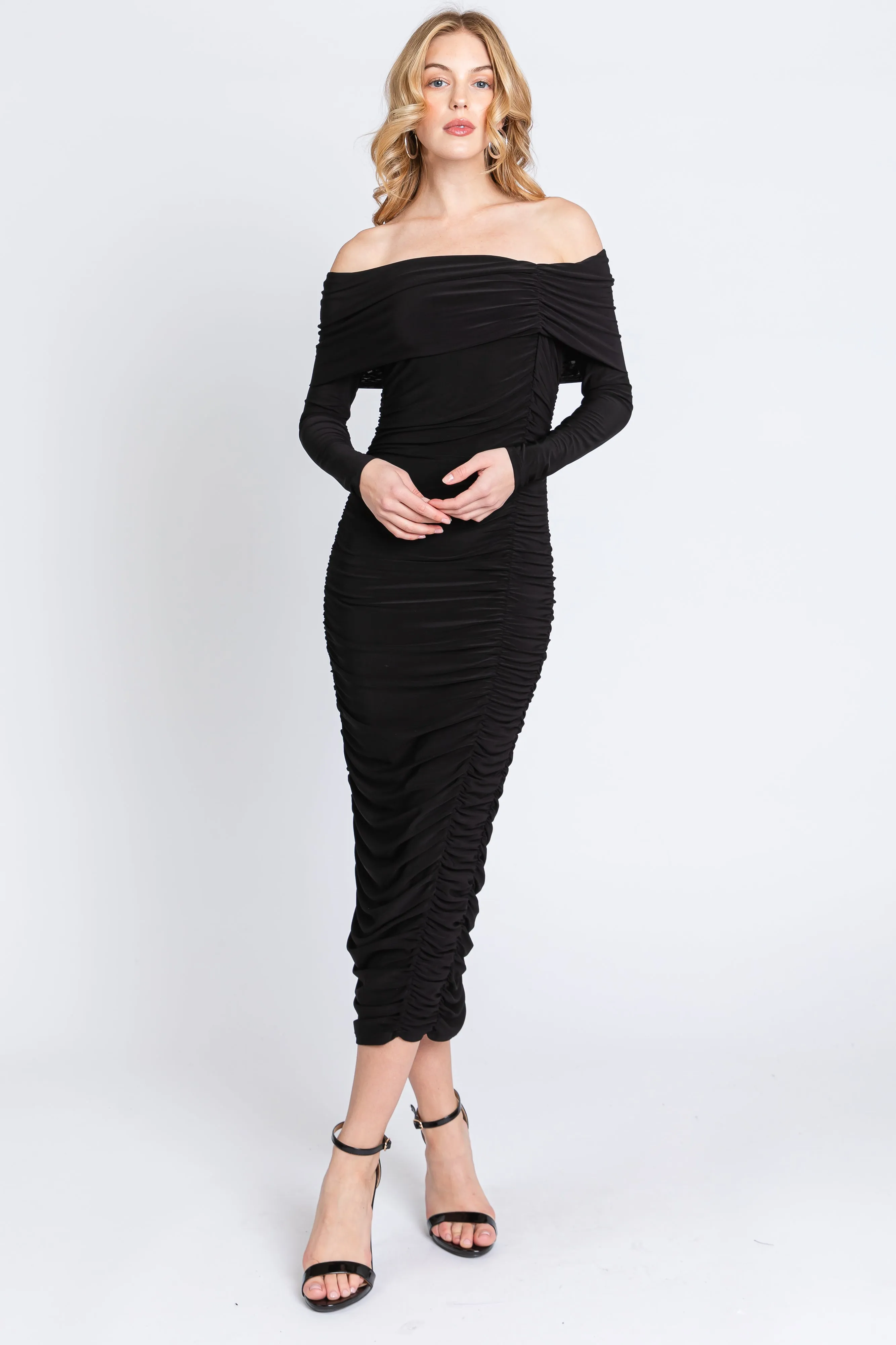 Black Off Shoulder Mesh Ruched Midi Dress sold by Pinkblush