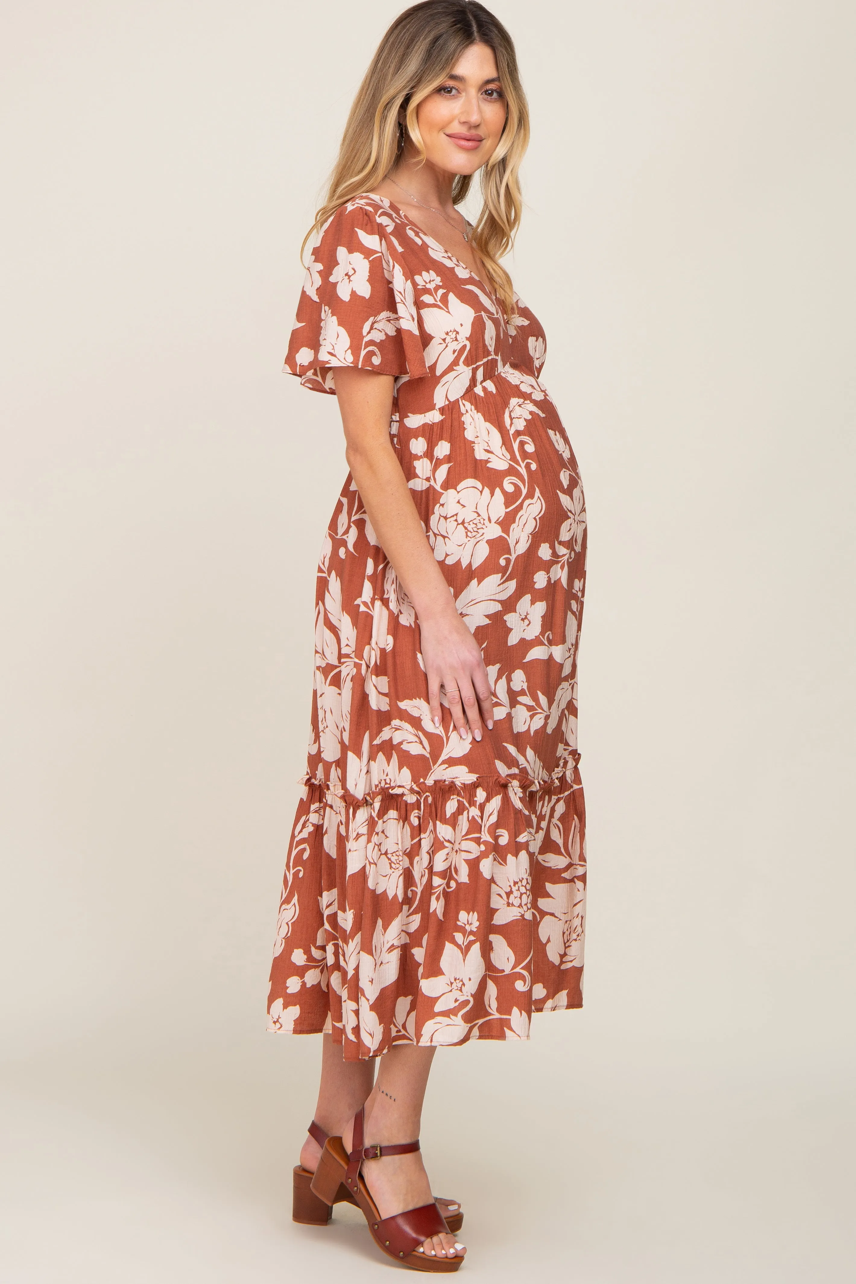Rust Tropical Print Ruffle Maternity Midi Dress sold by Pinkblush product image thumbnail 3