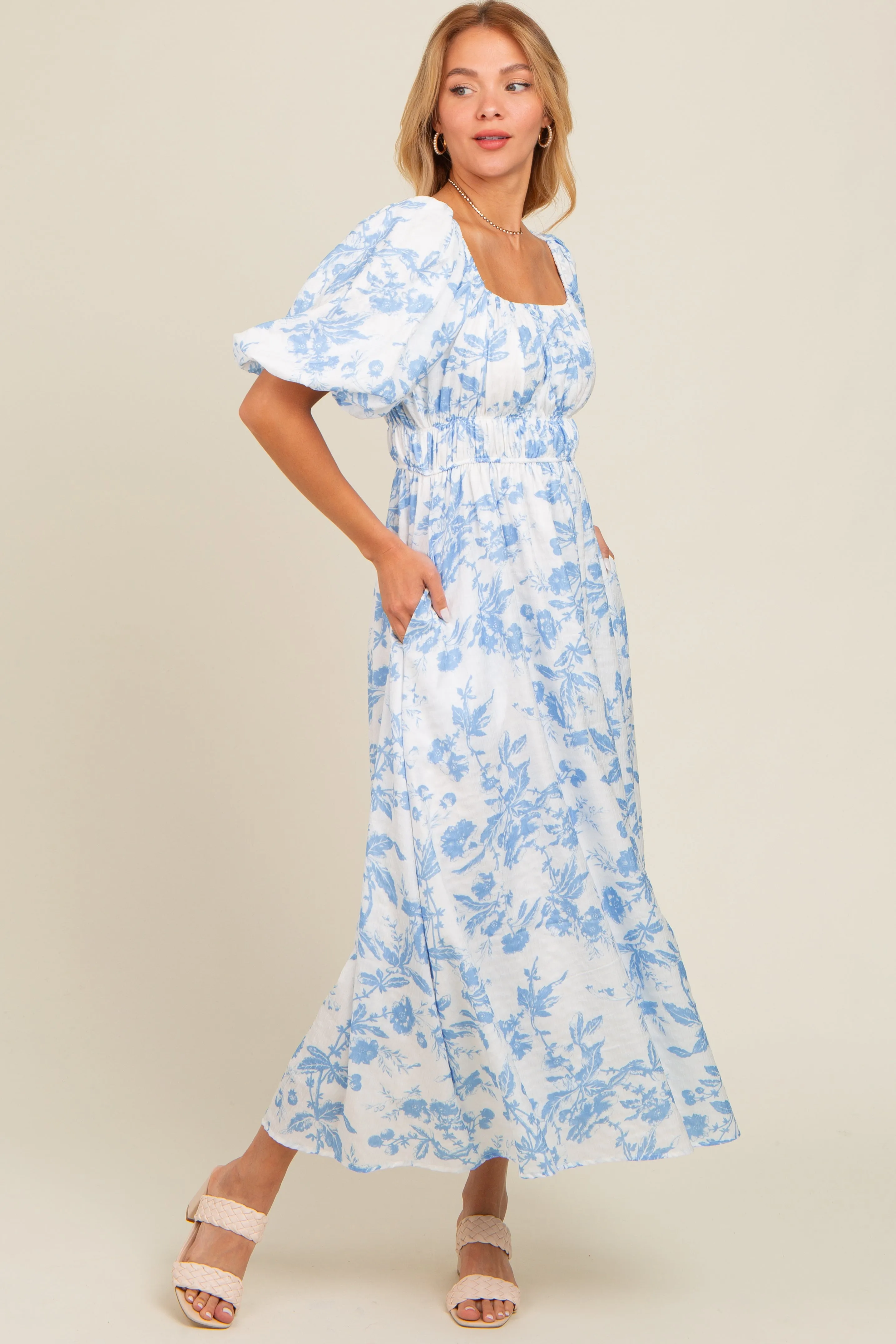 Blue Floral Puff Sleeve Midi Dress sold by Pinkblush product image thumbnail 3
