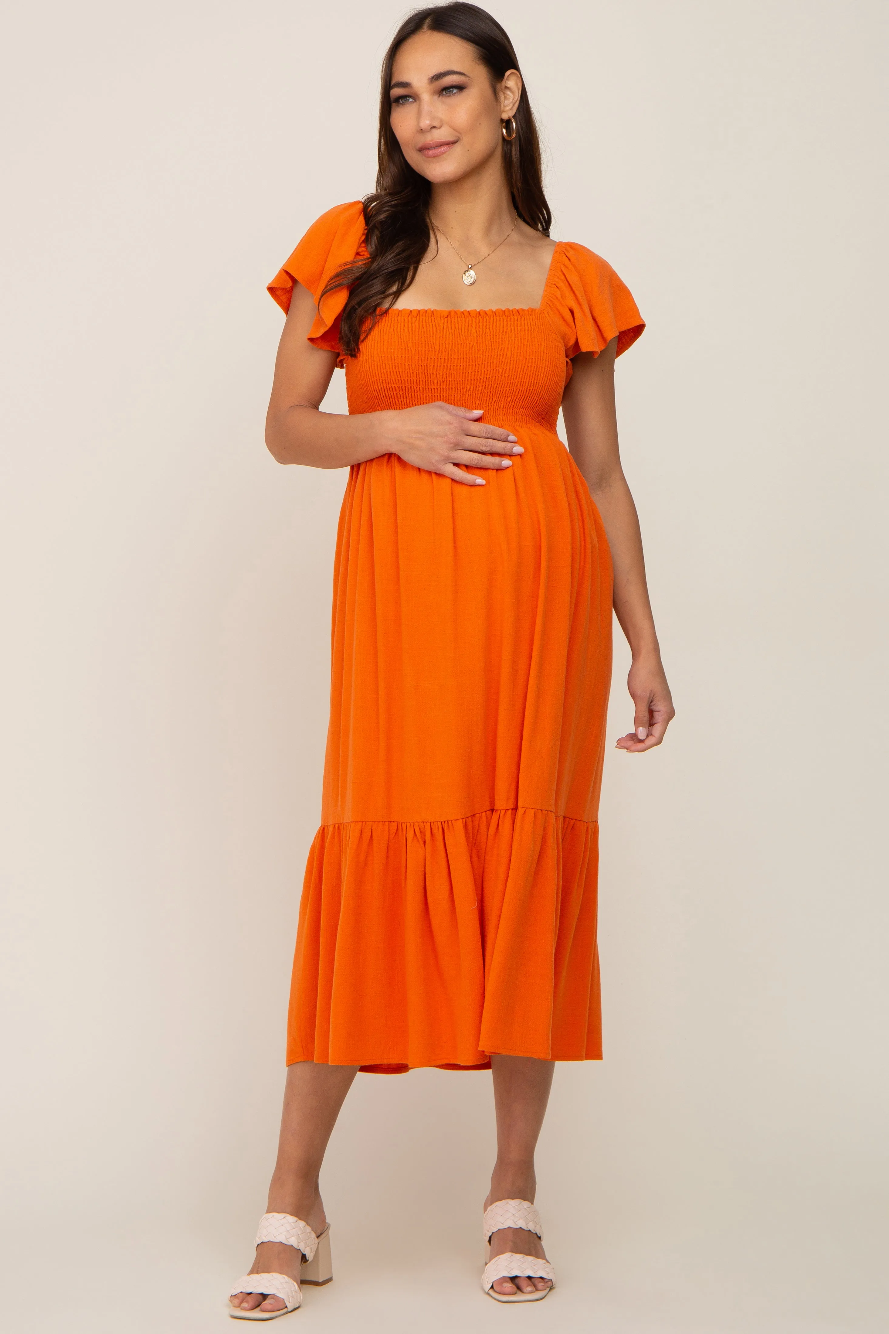 Orange Smocked Ruffle Hem Maternity Midi Dress sold by Pinkblush product image thumbnail 5
