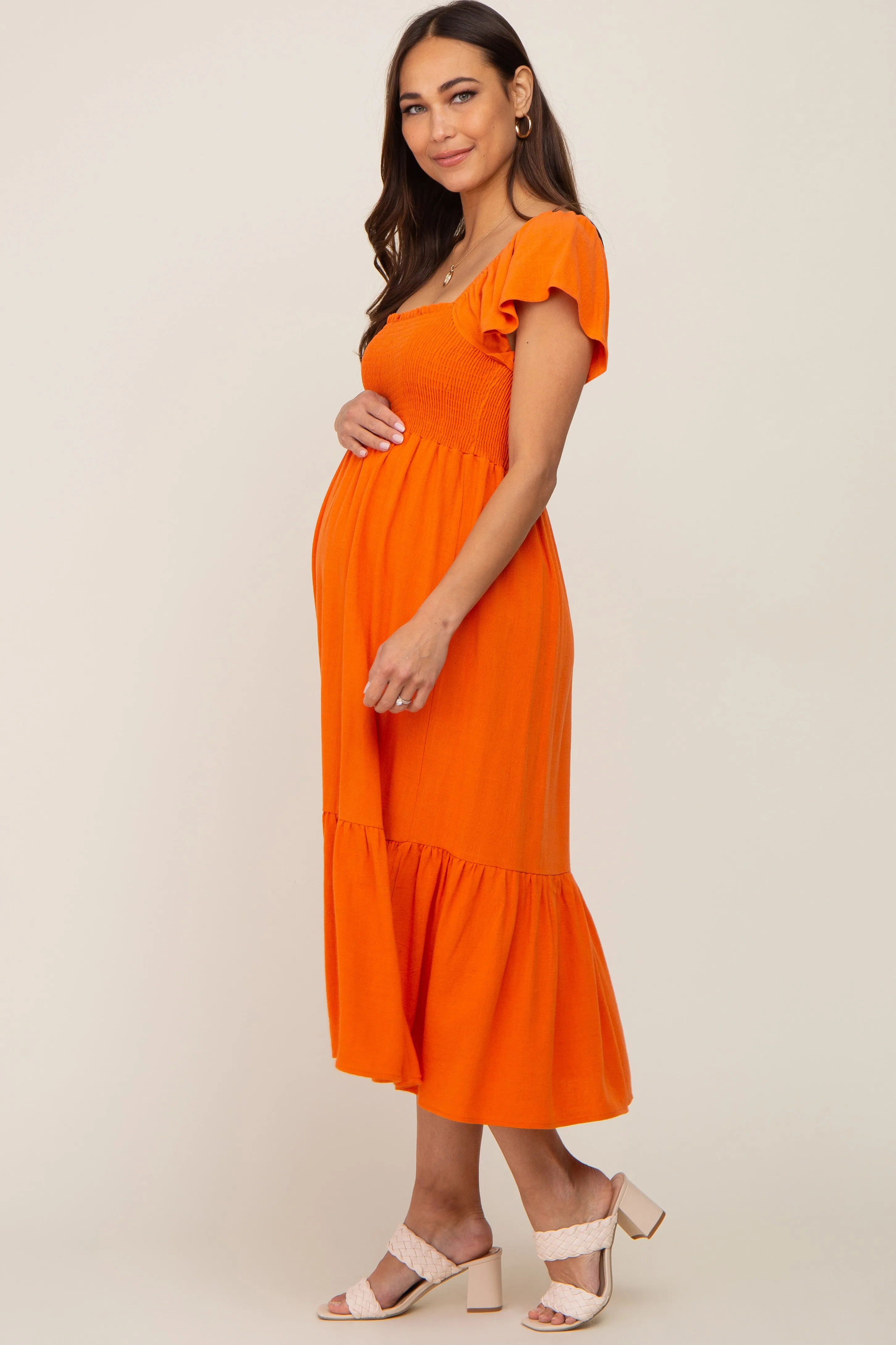 Orange Smocked Ruffle Hem Maternity Midi Dress sold by Pinkblush product image thumbnail 2