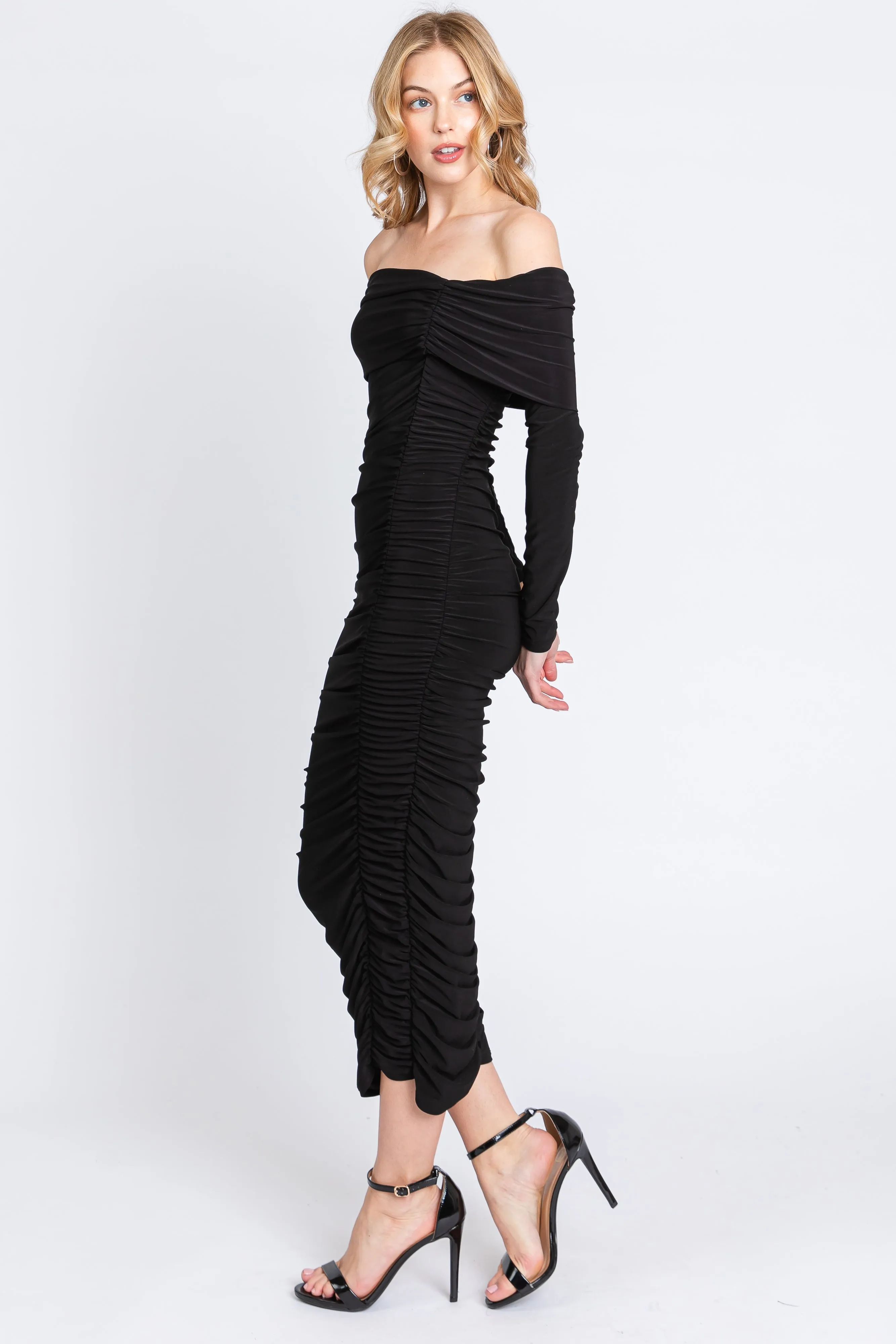 Black Off Shoulder Mesh Ruched Midi Dress sold by Pinkblush product image thumbnail 2