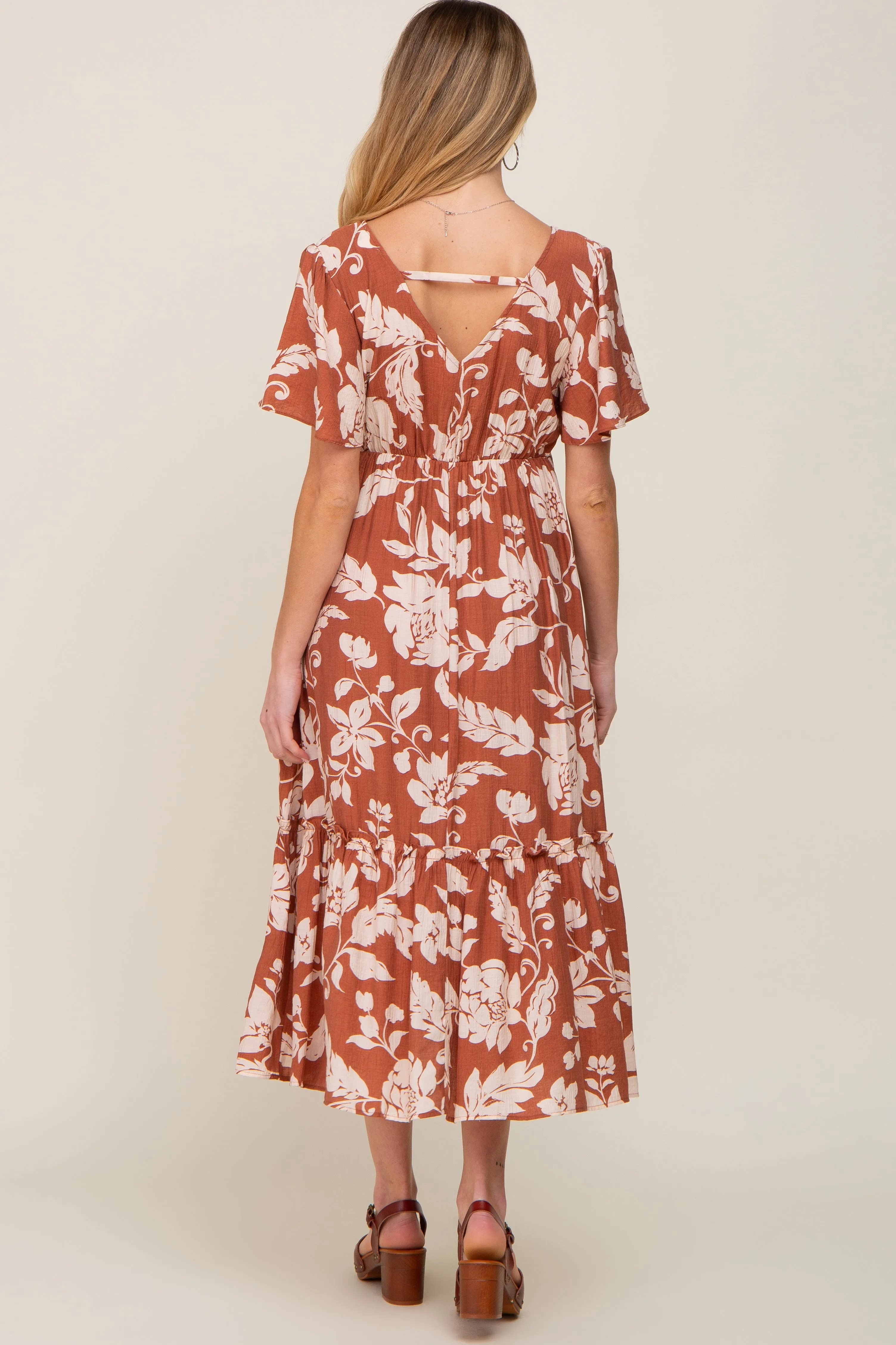 Rust Tropical Print Ruffle Maternity Midi Dress sold by Pinkblush product image thumbnail 4