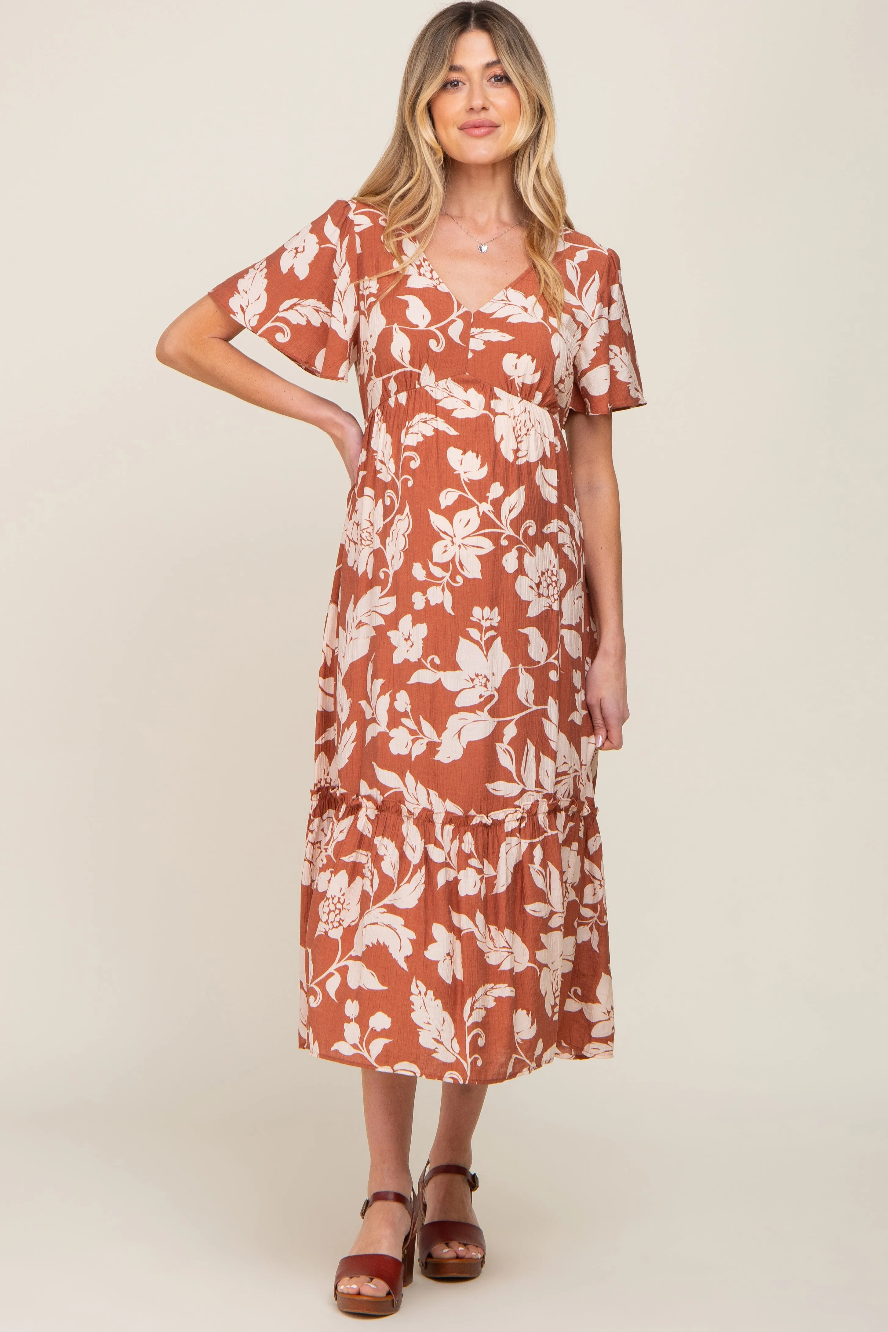 Rust Tropical Print Ruffle Maternity Midi Dress sold by Pinkblush