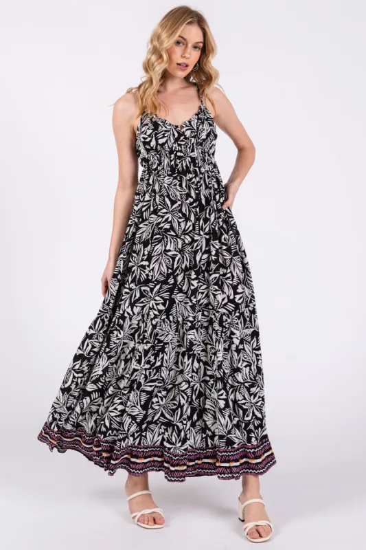 Black Floral Sleeveless Back Tie Maxi Dress sold by Pinkblush