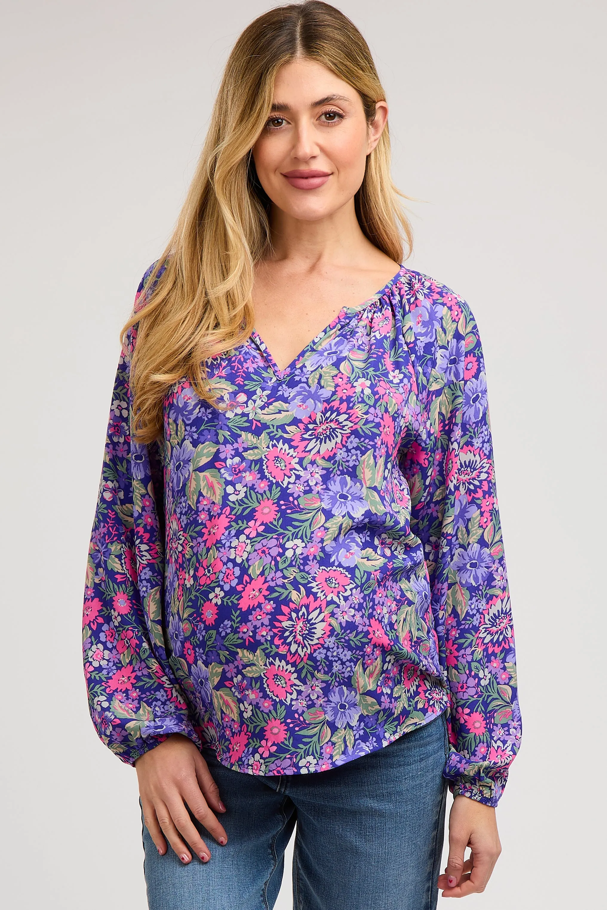 Purple Floral Long Sleeve Maternity Blouse sold by Pinkblush