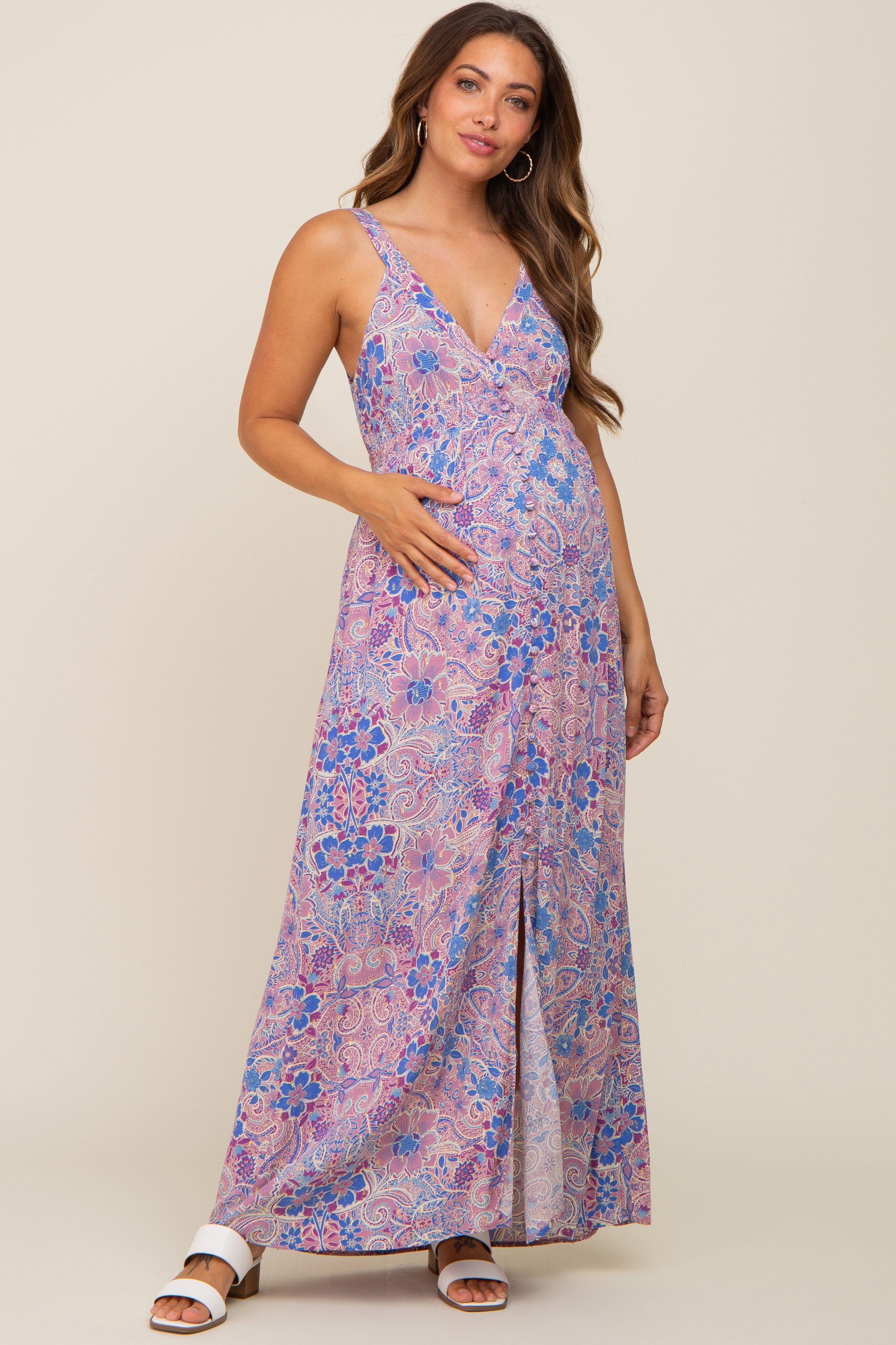 Blue Floral Front Button Maternity Maxi Dress sold by Pinkblush