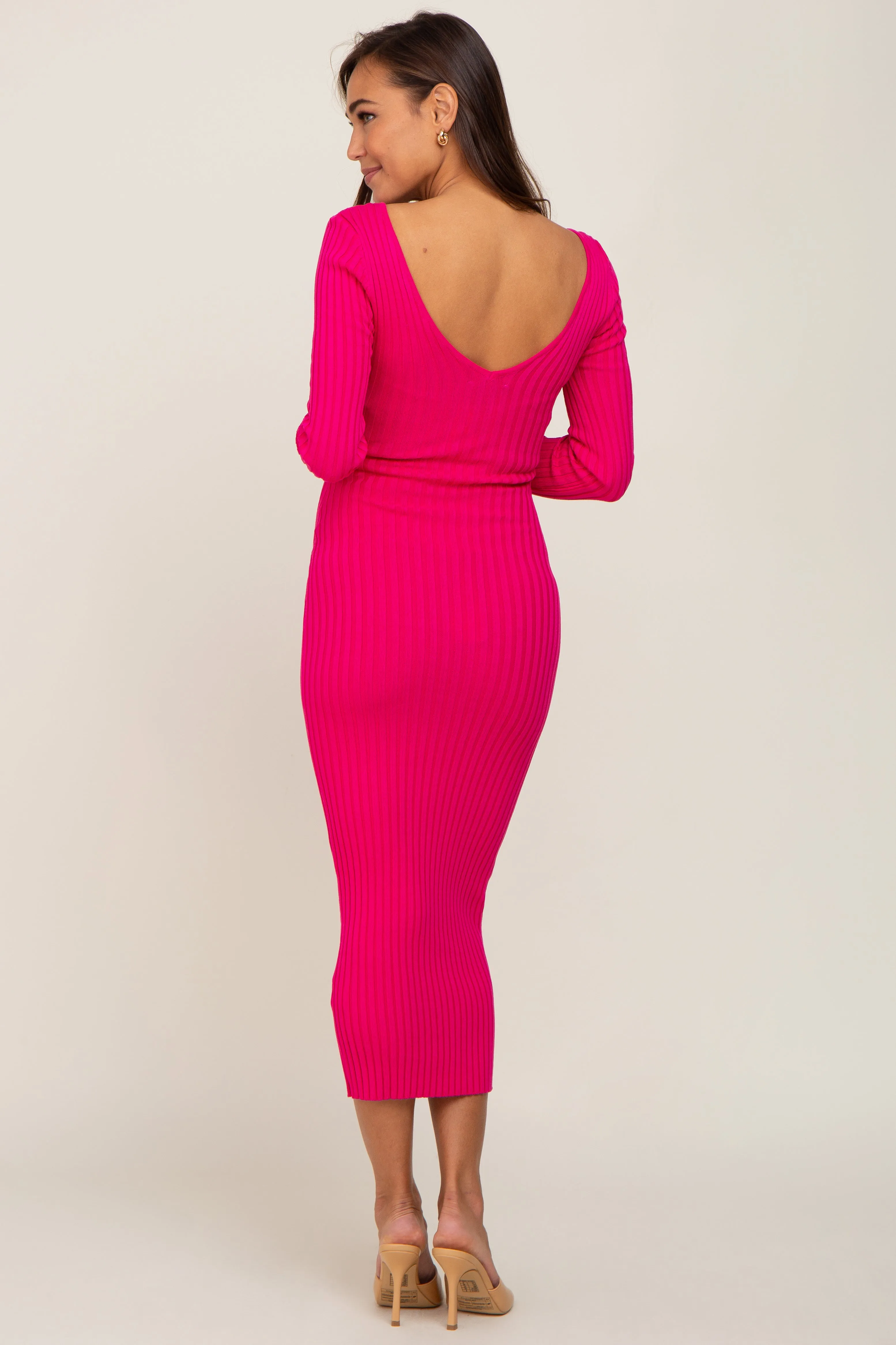 Fuchsia V-Neck Long Sleeve Fitted Maternity Maxi Dress sold by Pinkblush product image thumbnail 3