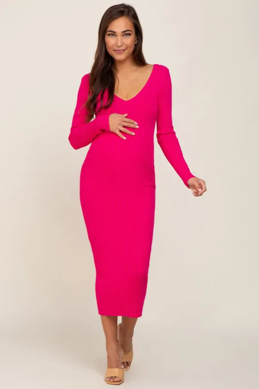 Fuchsia V-Neck Long Sleeve Fitted Maternity Maxi Dress sold by Pinkblush