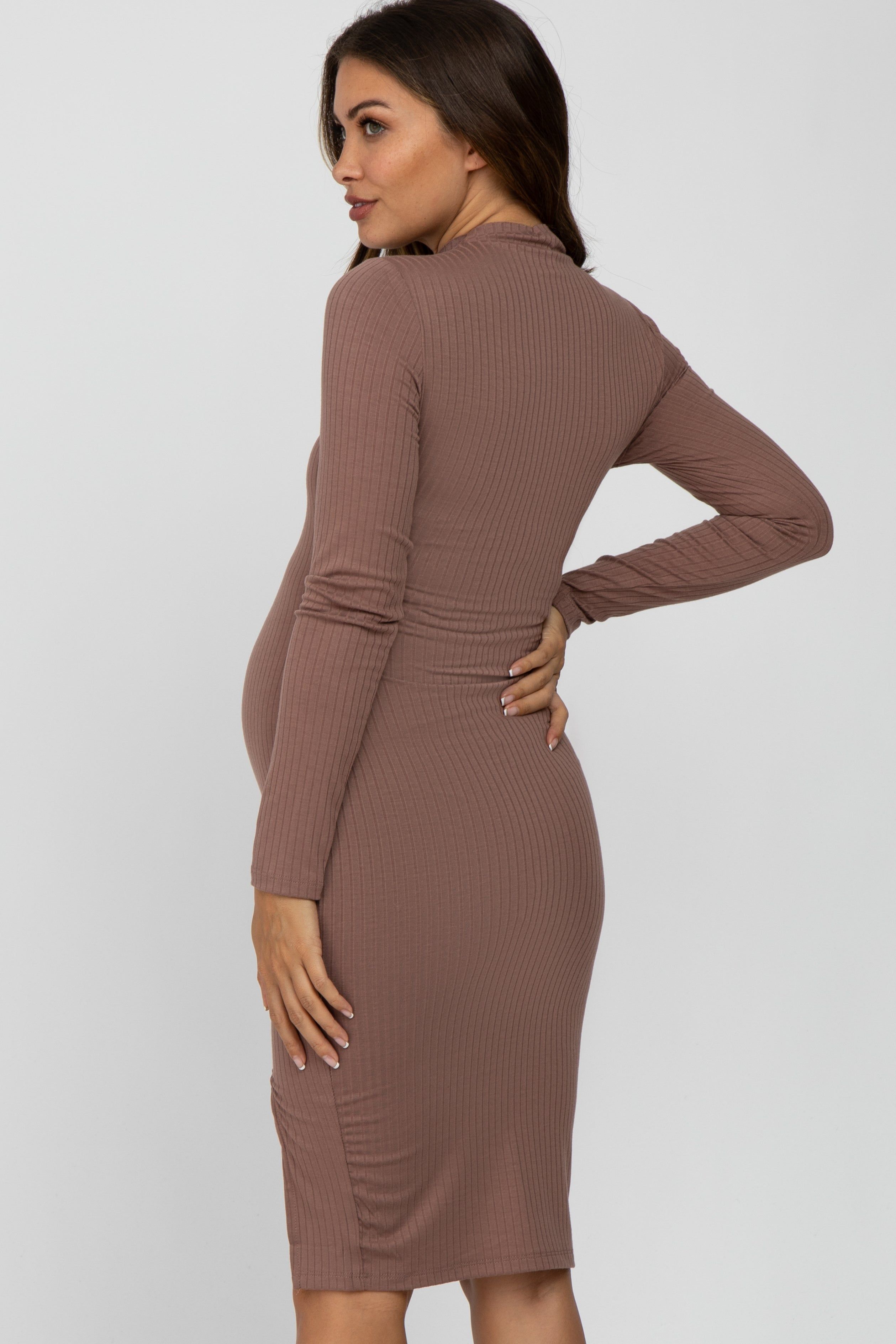 Mocha Ribbed Mock Neck Front Slit Maternity Dress sold by Pinkblush product image thumbnail 4
