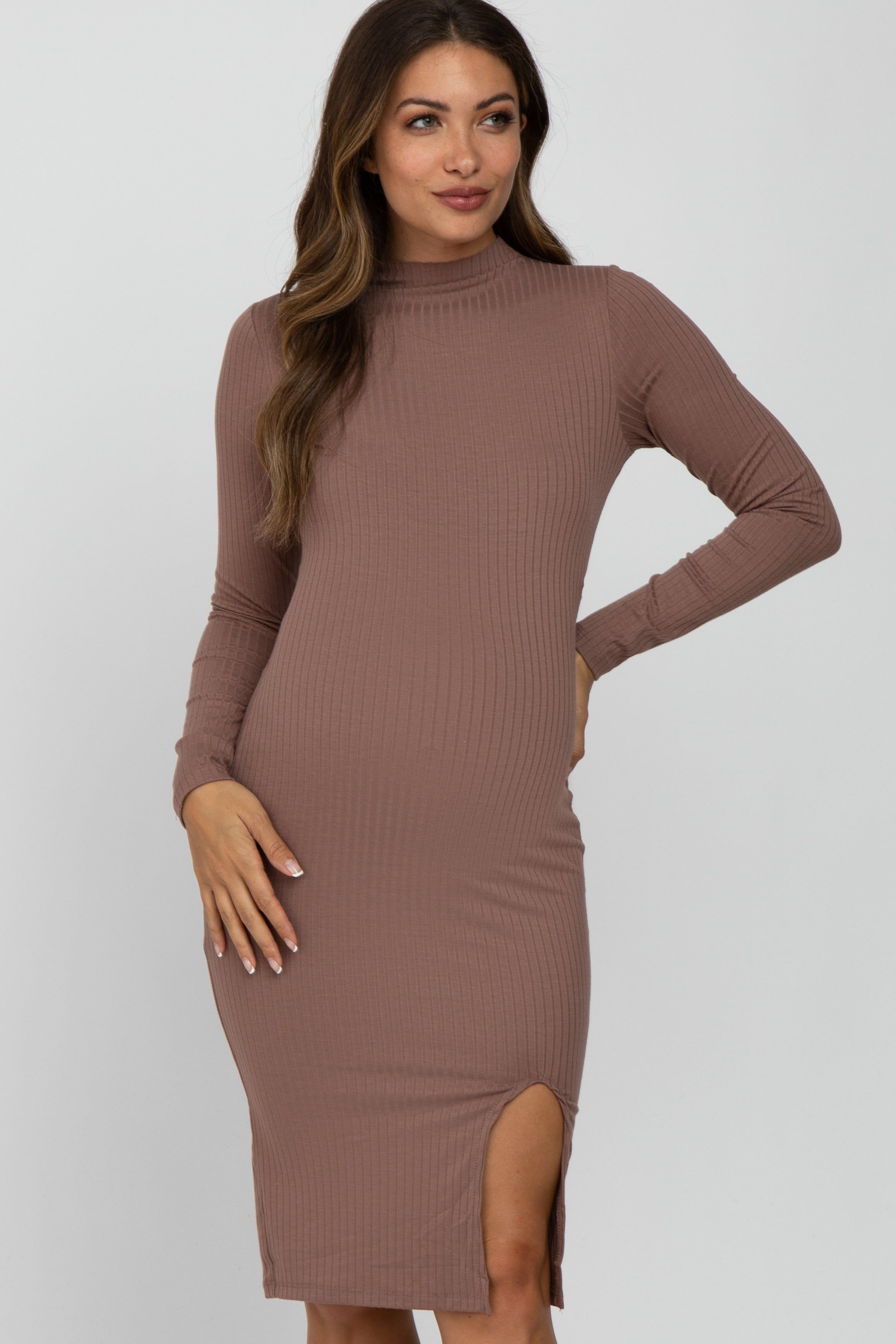 Mocha Ribbed Mock Neck Front Slit Maternity Dress sold by Pinkblush