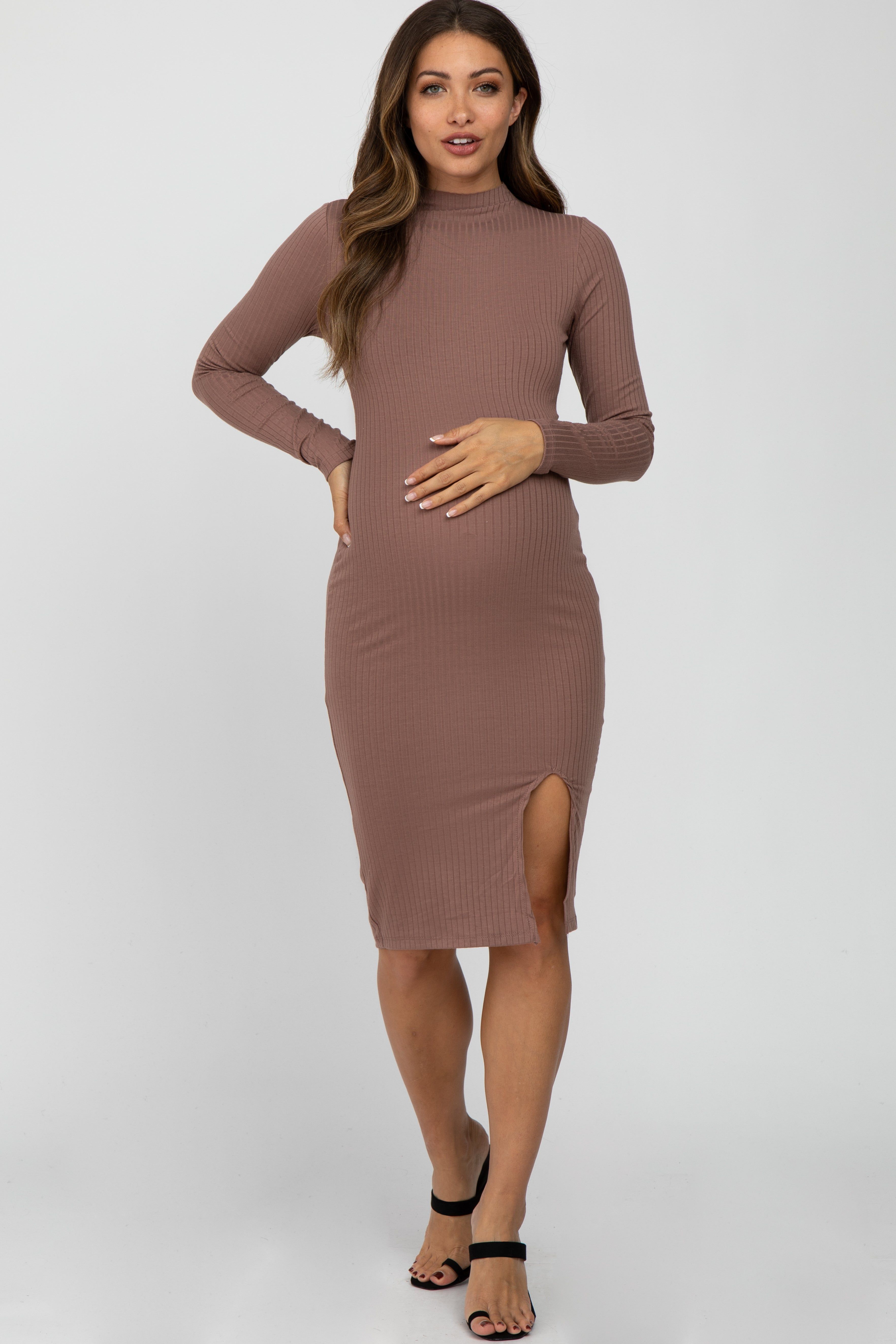 Mocha Ribbed Mock Neck Front Slit Maternity Dress sold by Pinkblush product image thumbnail 2