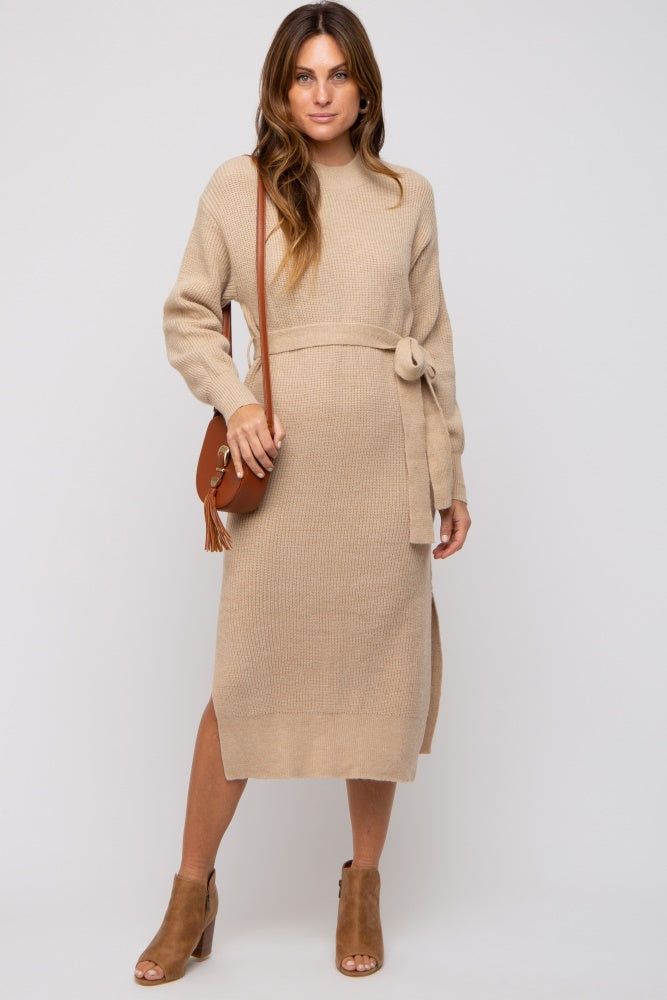 Beige Side Slit Sweater Midi Dress sold by Pinkblush