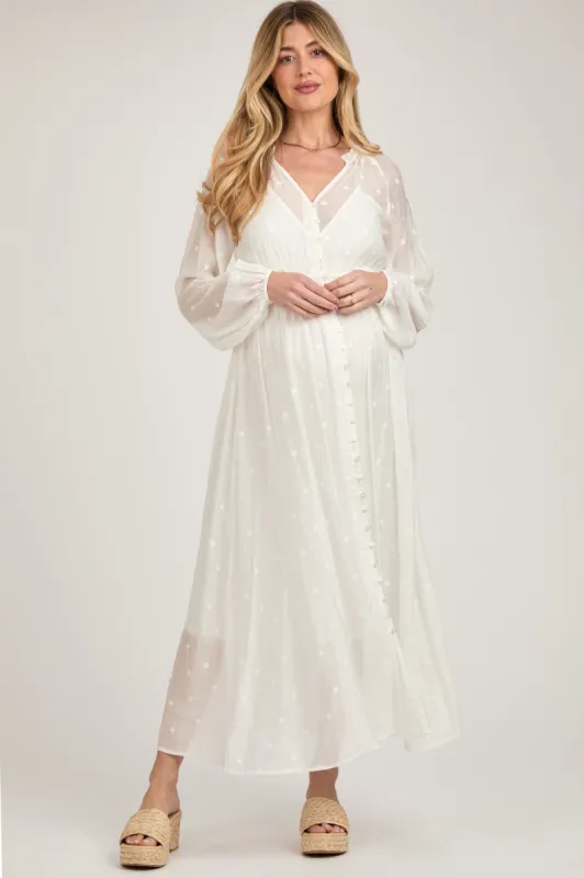 Ivory Embroidered Maternity Button Down Maxi Dress sold by Pinkblush