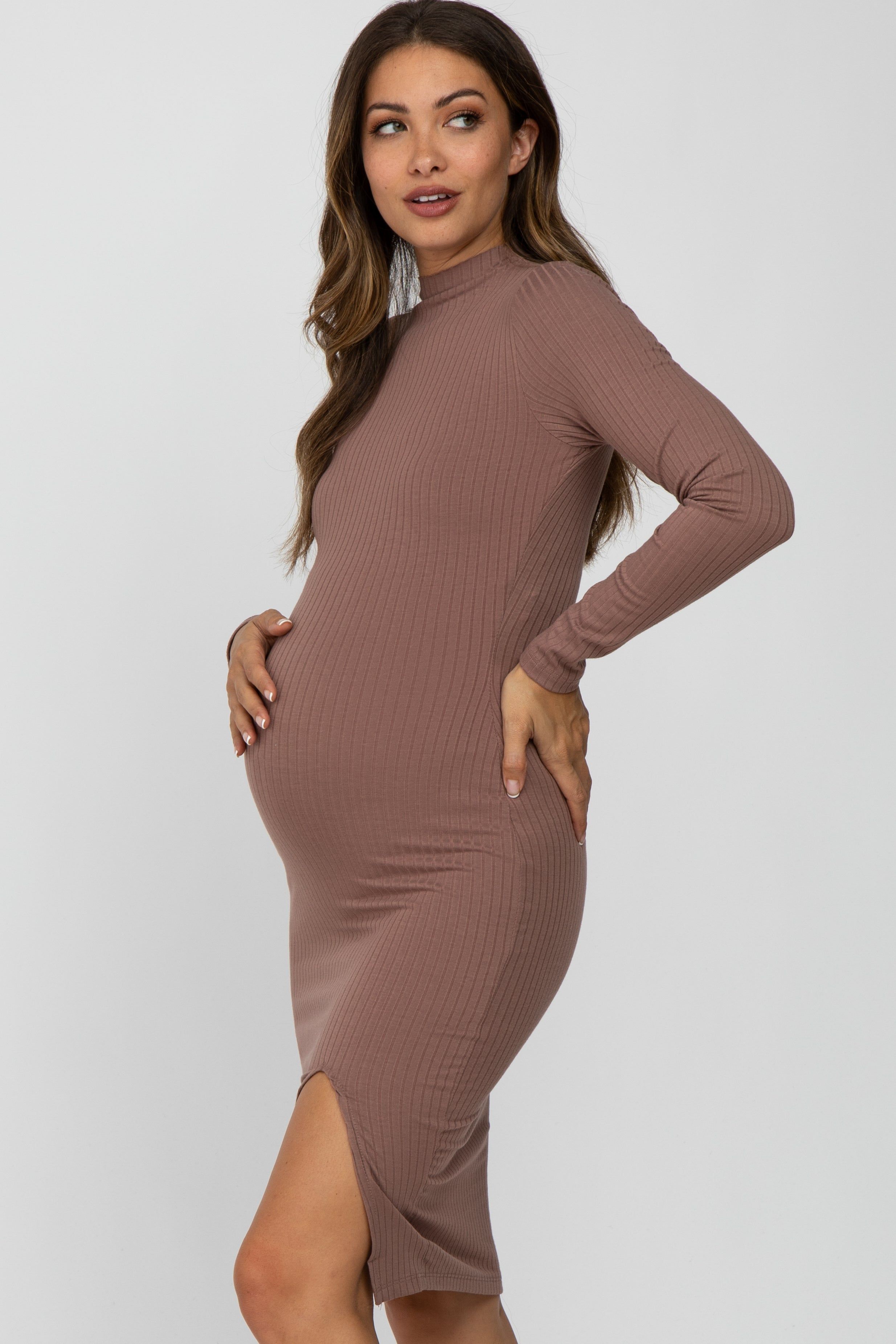 Mocha Ribbed Mock Neck Front Slit Maternity Dress sold by Pinkblush product image thumbnail 3