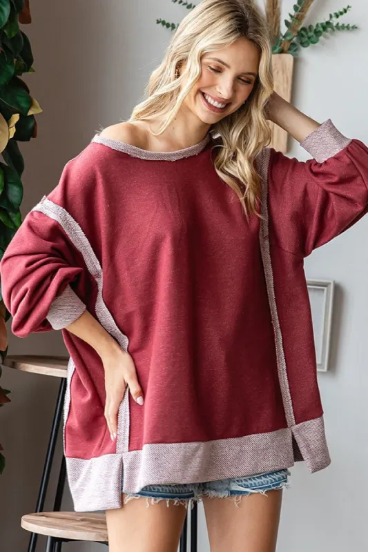 Burgundy Two Tone Oversized Long Sleeve Top sold by Pinkblush