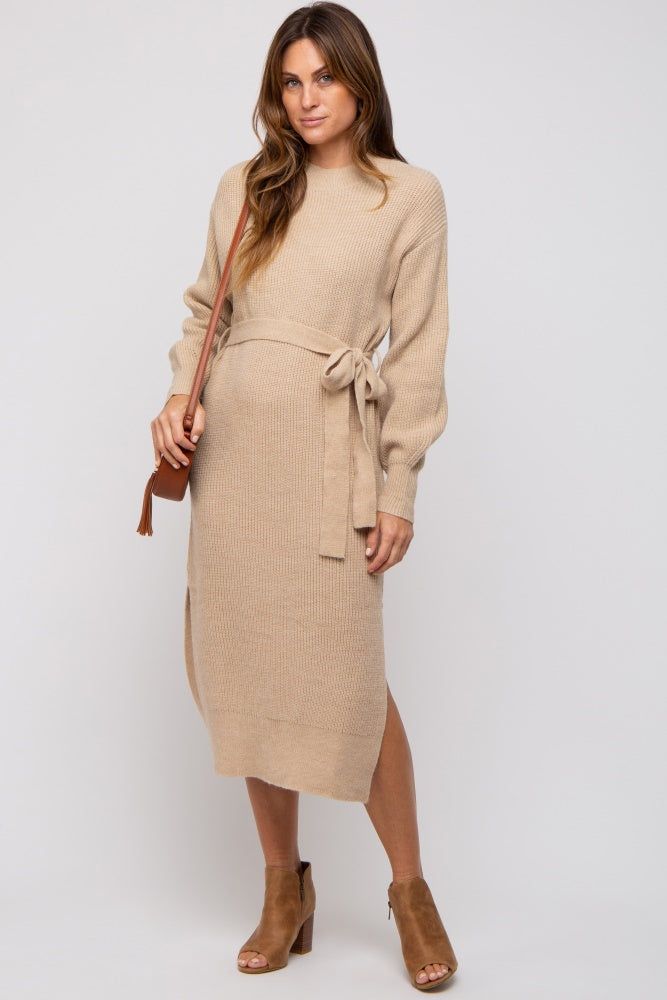 Beige Side Slit Sweater Midi Dress sold by Pinkblush product image thumbnail 5