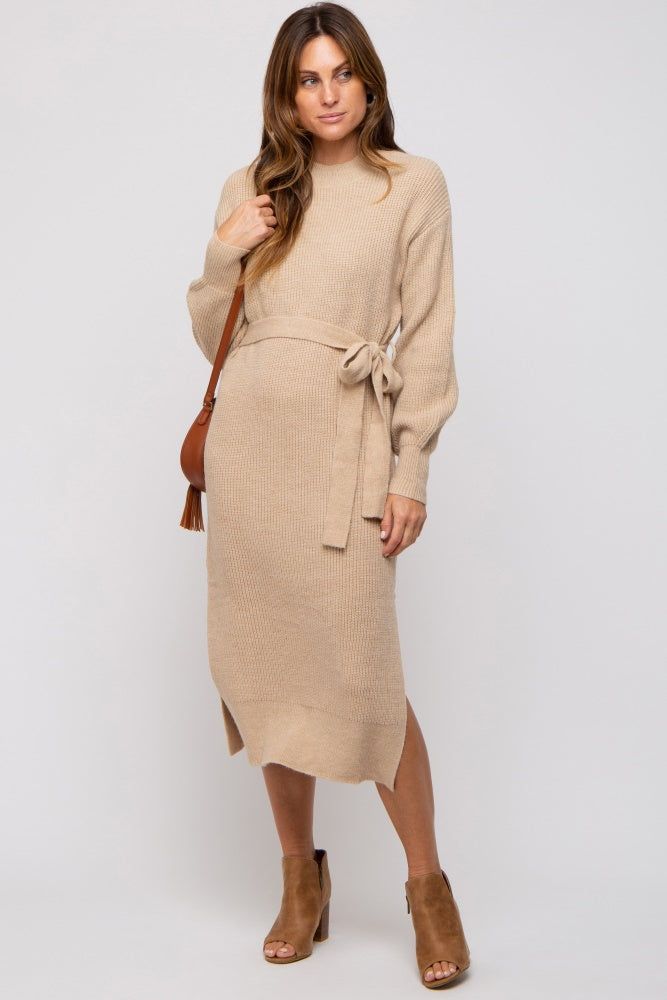 Beige Side Slit Sweater Midi Dress sold by Pinkblush product image thumbnail 2