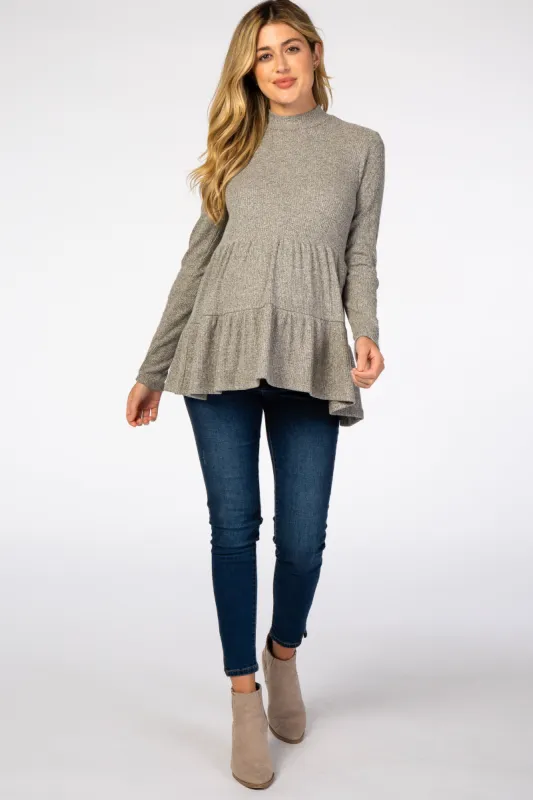 Taupe Soft Ribbed Tiered Mock Neck Maternity Top sold by Pinkblush