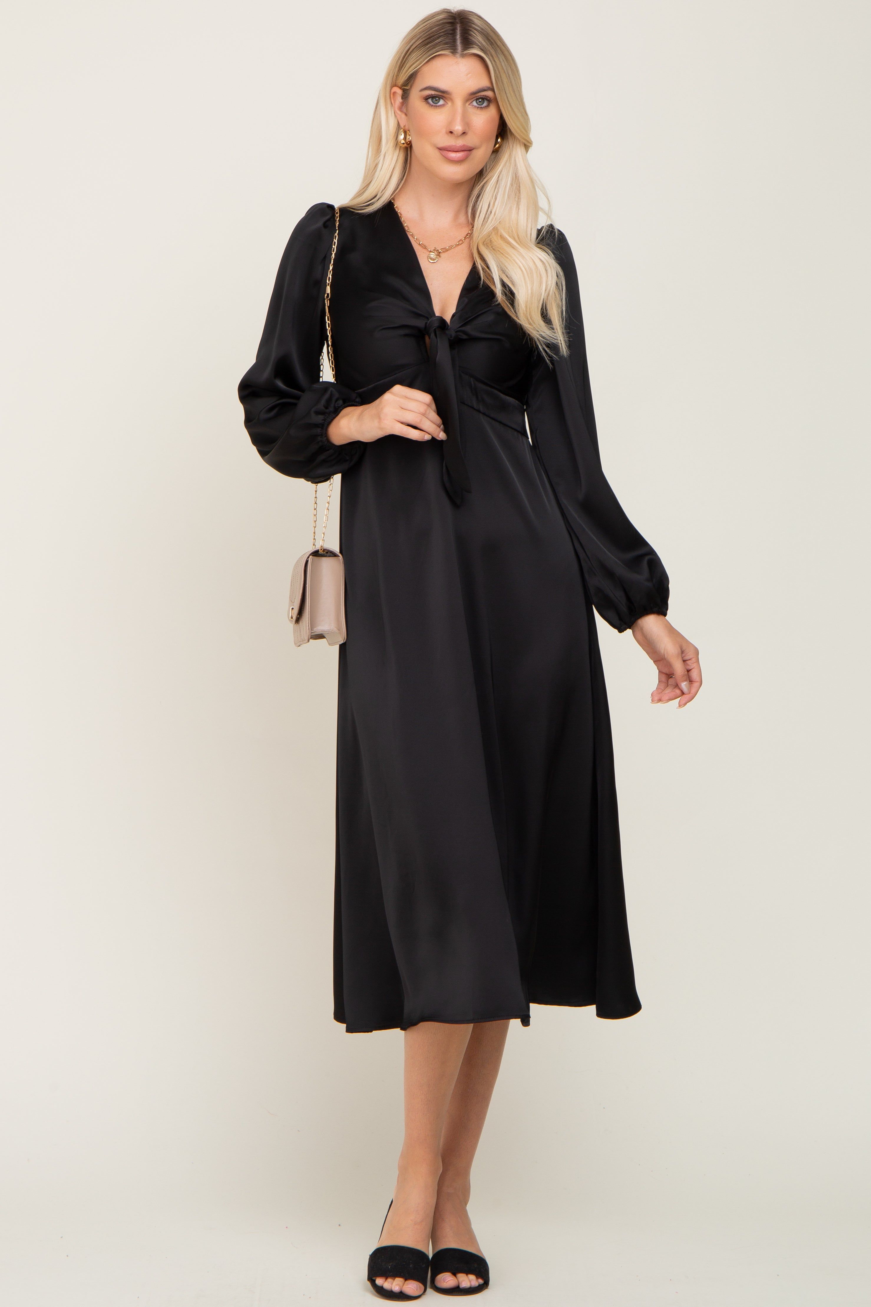 Black Satin Tie Front Cutout Maternity Midi Dress sold by Pinkblush product image thumbnail 5