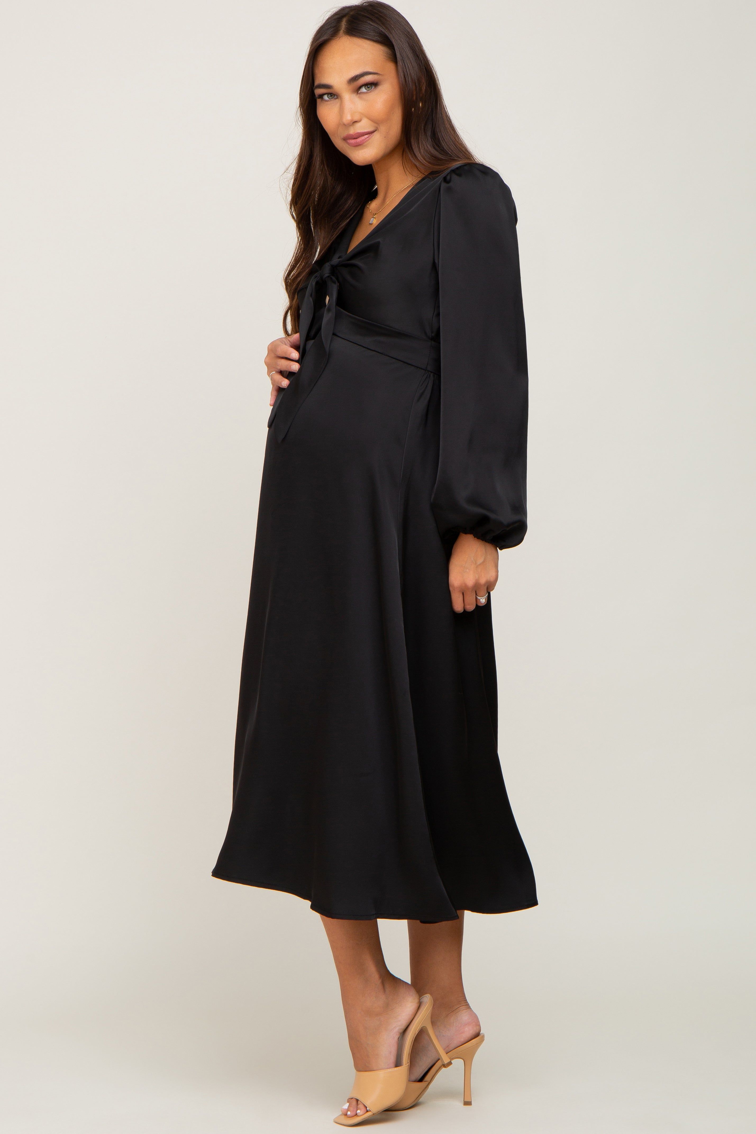 Black Satin Tie Front Cutout Maternity Midi Dress sold by Pinkblush product image thumbnail 2