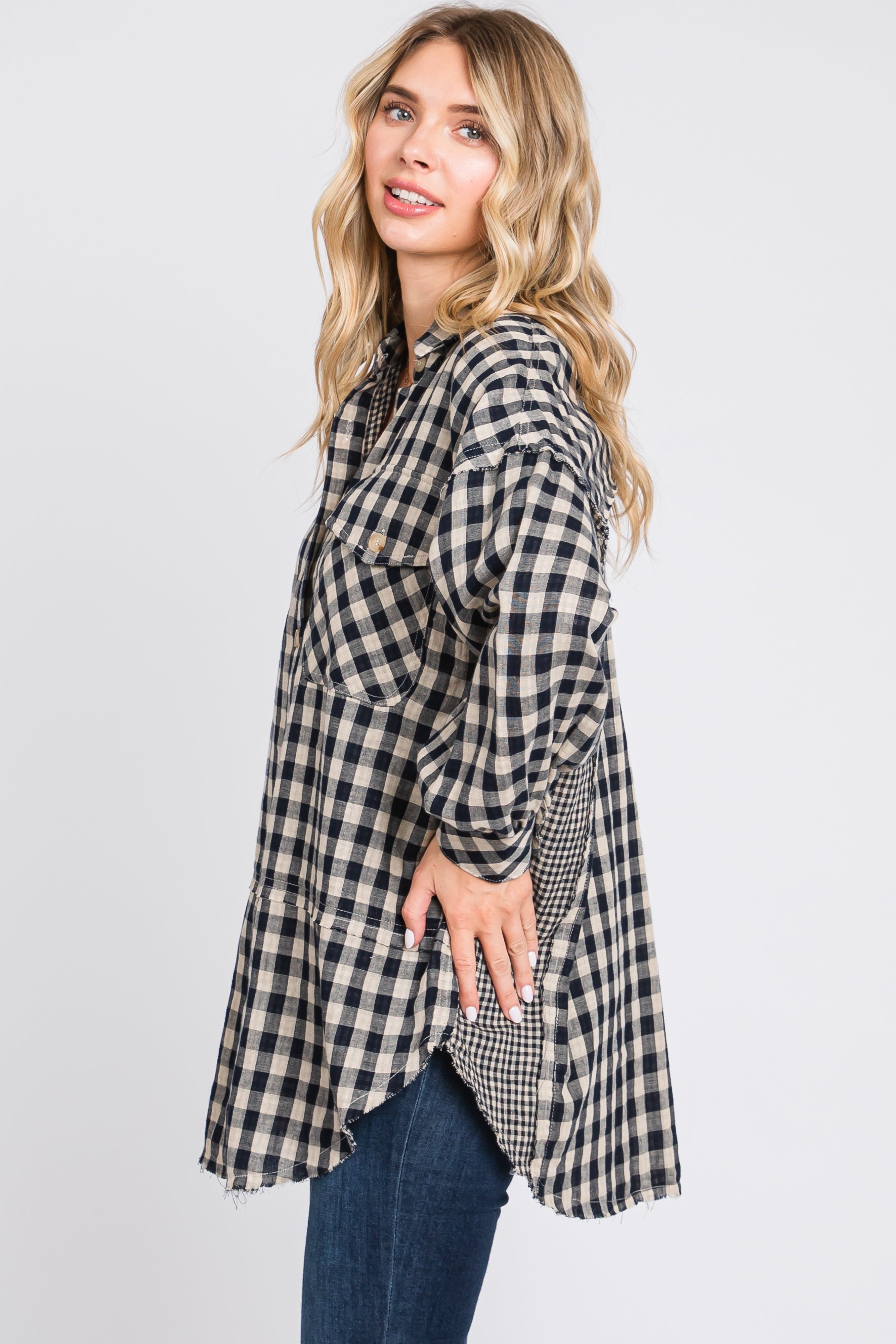 Black Mixed Plaid Fringe Button Down Top sold by Pinkblush product image thumbnail 3