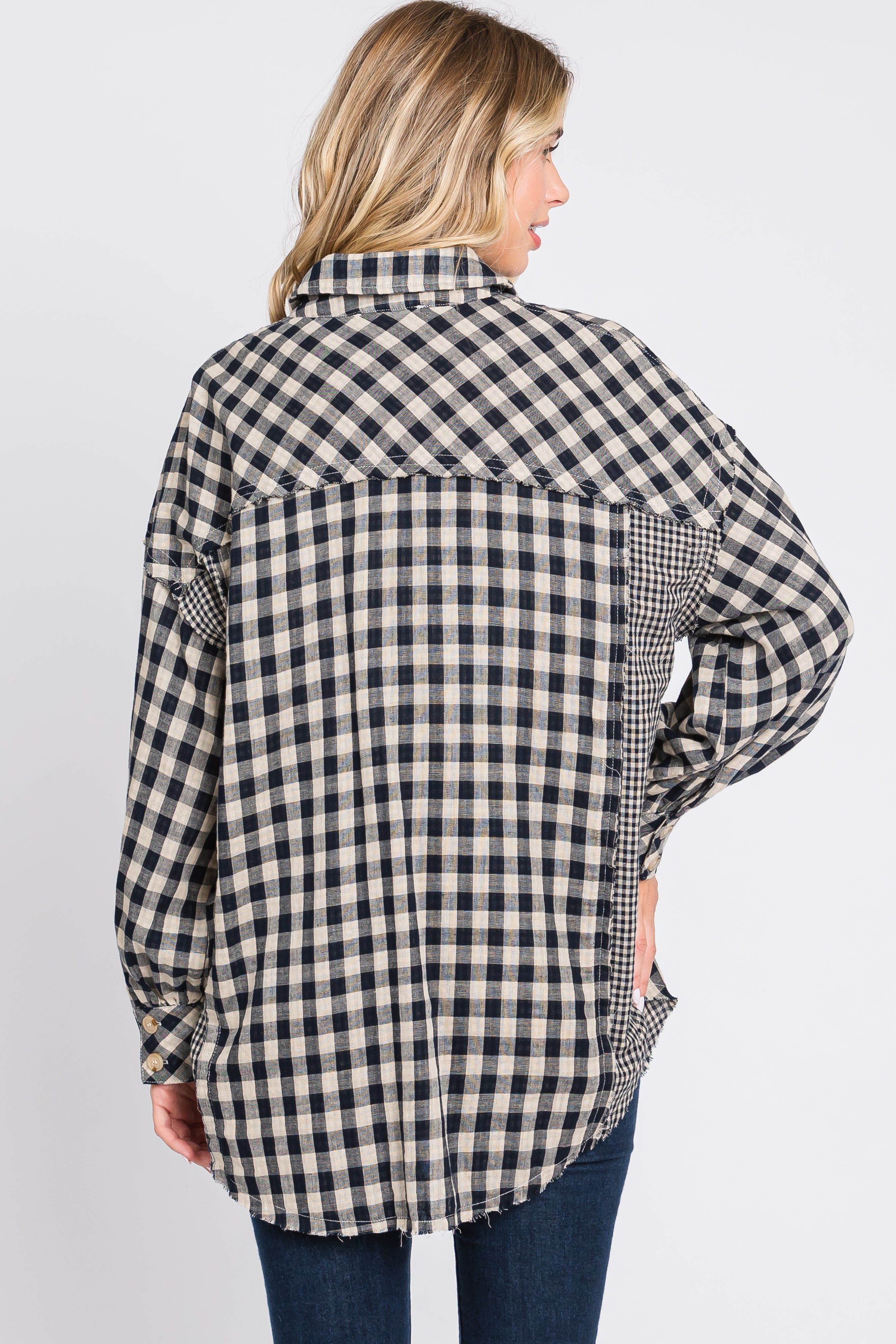 Black Mixed Plaid Fringe Button Down Top sold by Pinkblush product image thumbnail 4