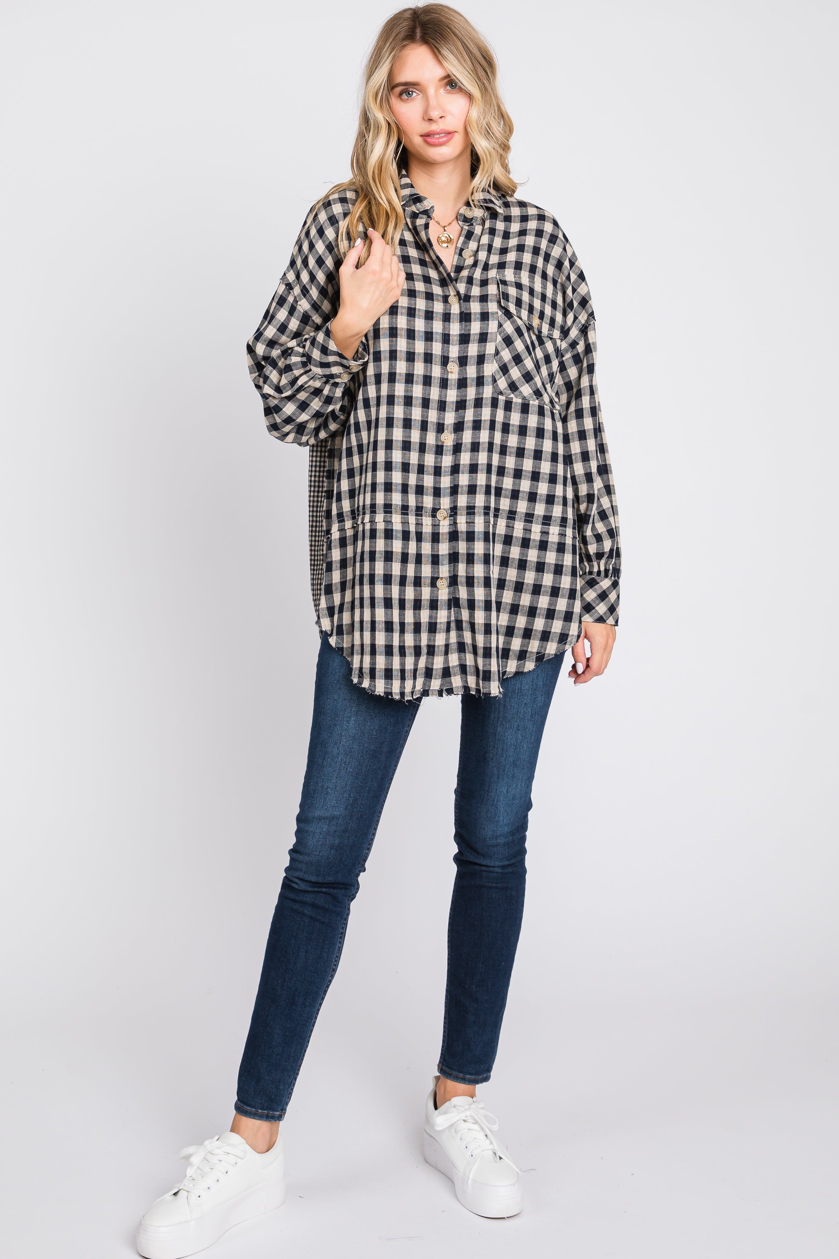 Black Mixed Plaid Fringe Button Down Top sold by Pinkblush