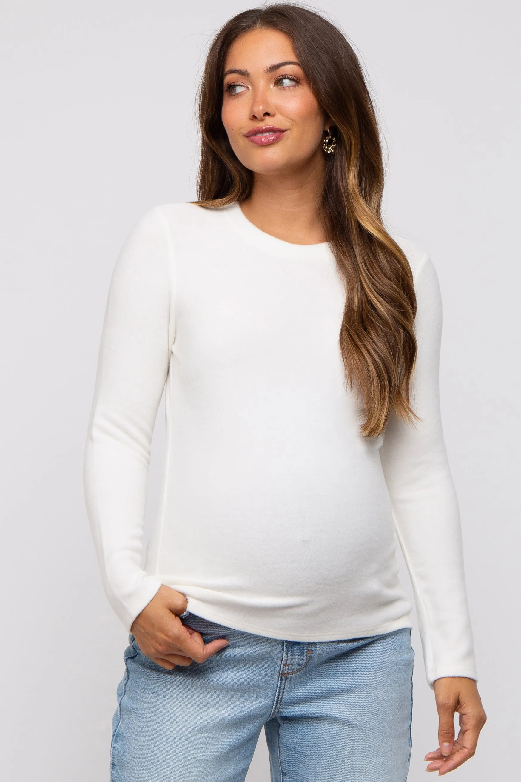 Ivory Soft Brushed Maternity Long Sleeve Top sold by Pinkblush