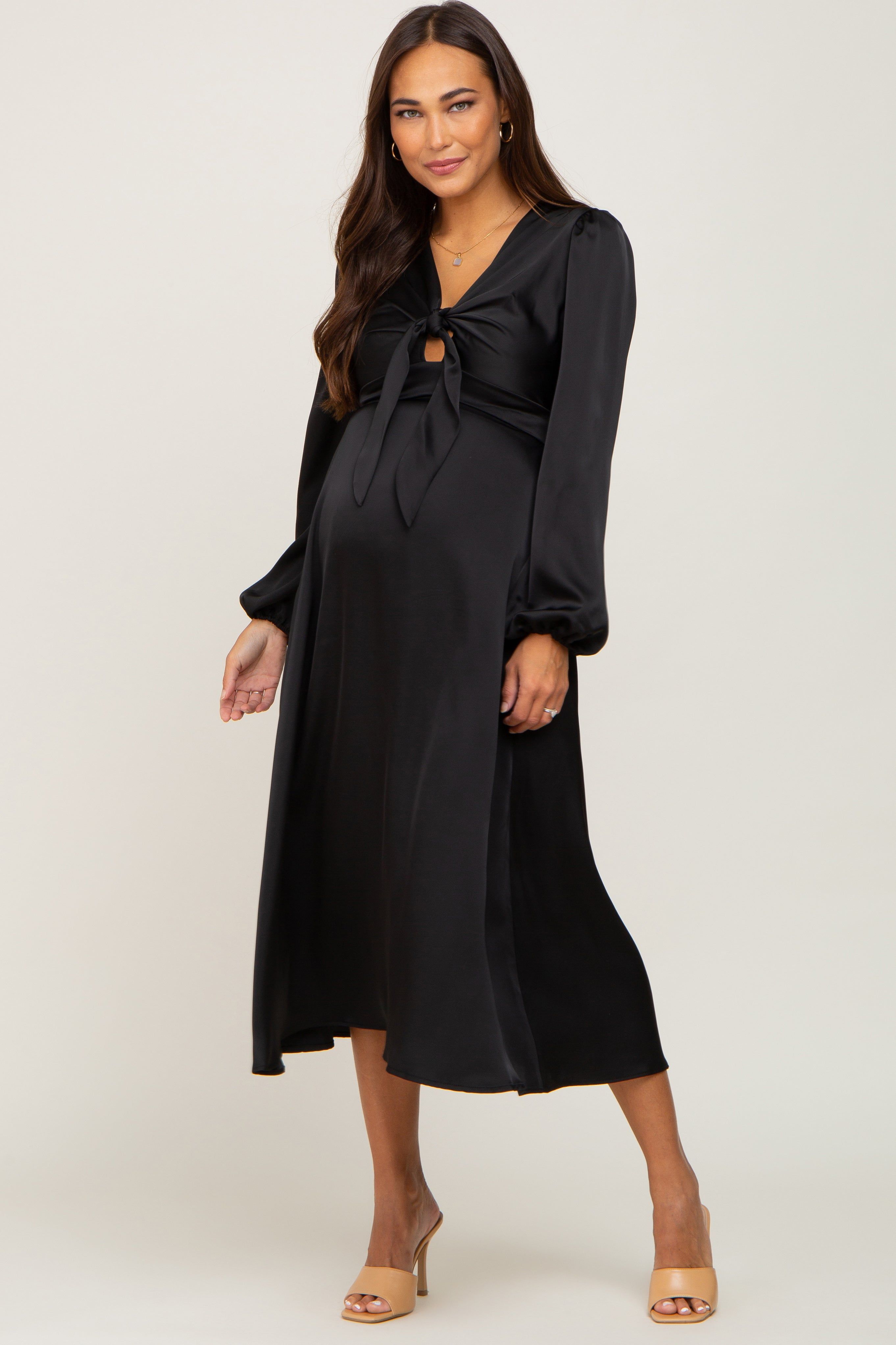 Black Satin Tie Front Cutout Maternity Midi Dress sold by Pinkblush product image thumbnail 4