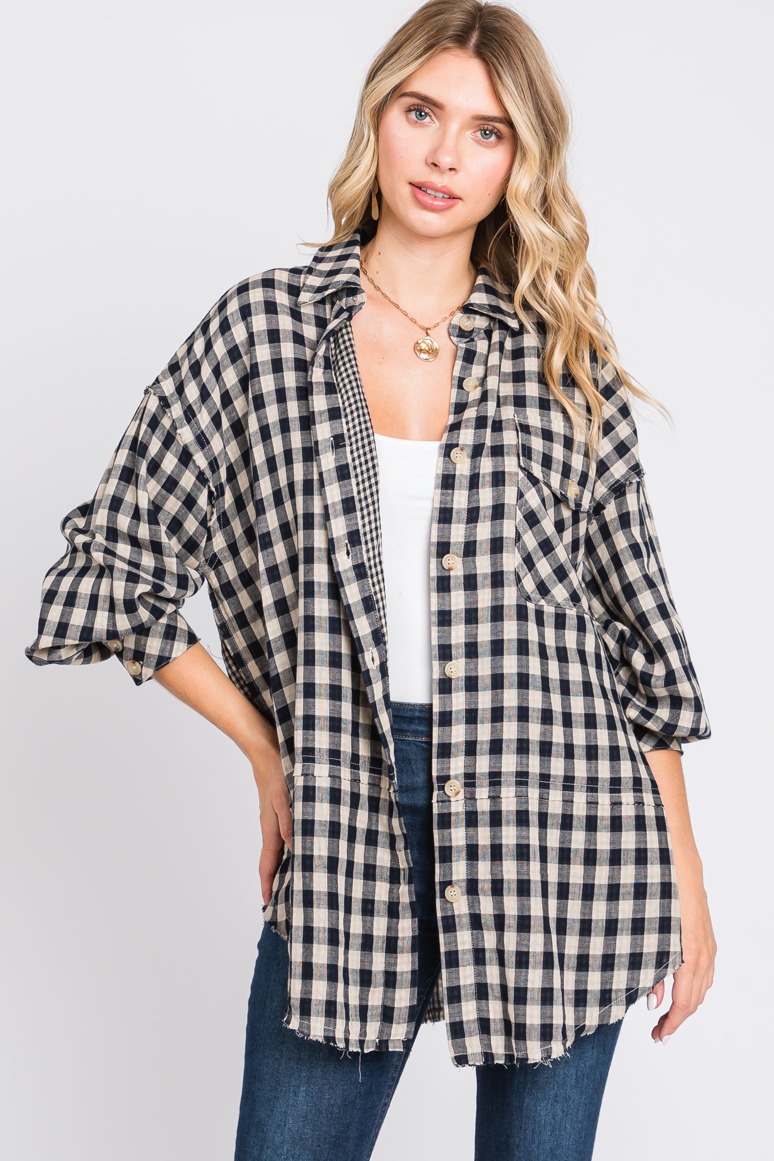 Black Mixed Plaid Fringe Button Down Top sold by Pinkblush product image thumbnail 5