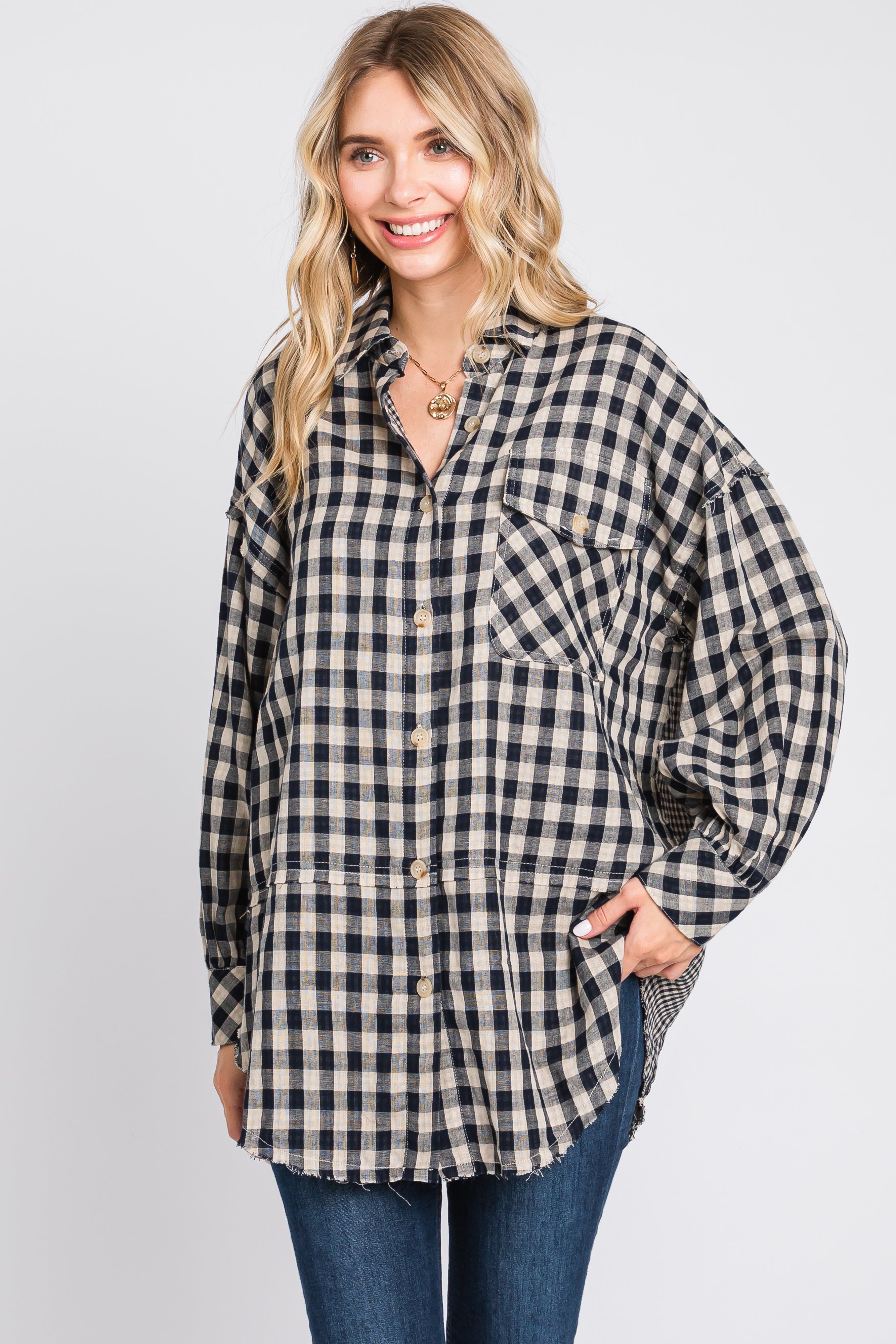Black Mixed Plaid Fringe Button Down Top sold by Pinkblush product image thumbnail 2