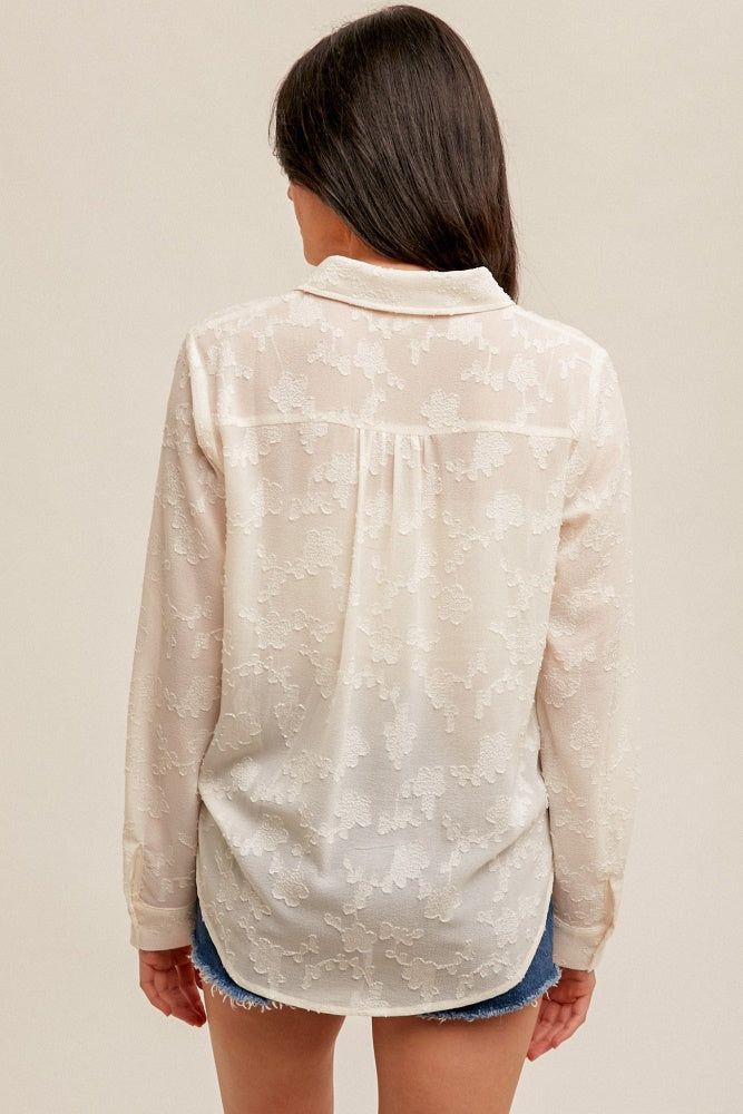 Cream Tie Waist Chiffon Jacquard Button Down Blouse sold by Pinkblush product image thumbnail 3