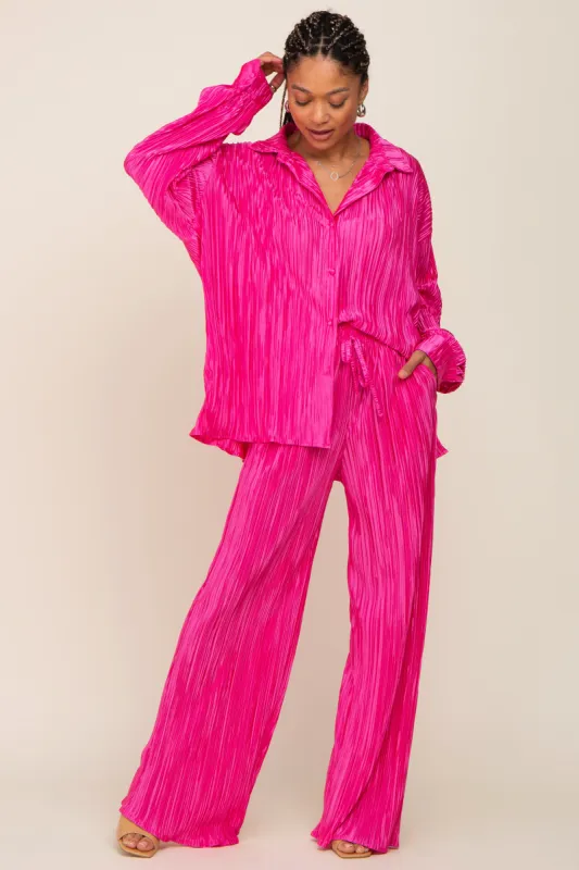 Fuchsia Pleated Plisse Button Up Two-Piece Set made by Pinkblush
