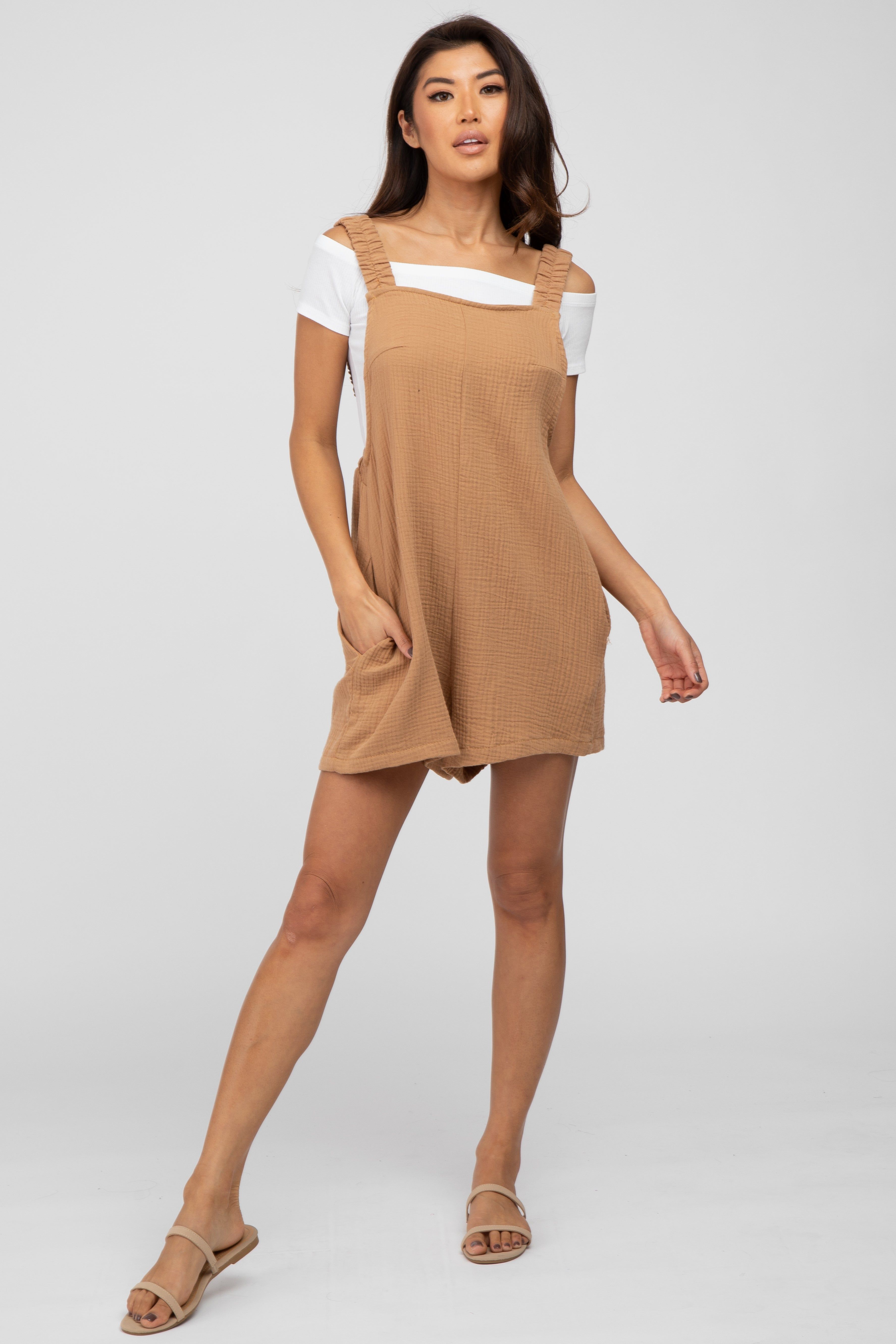 Camel Square Neck Elastic Strap Romper sold by Pinkblush