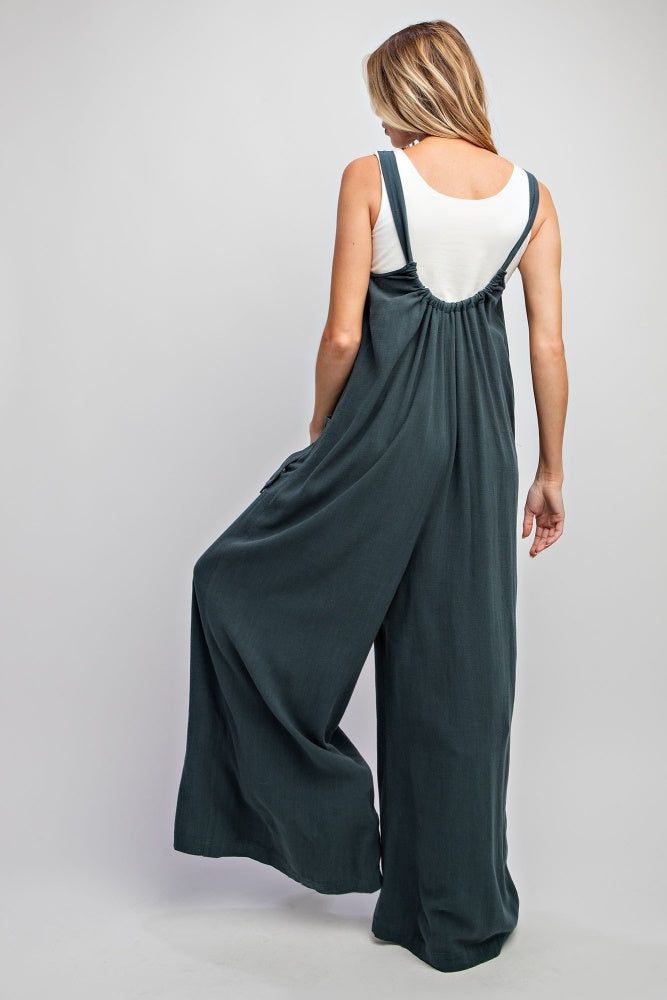Teal Green Linen Wide Leg Jumpsuit Pants sold by Pinkblush product image thumbnail 3