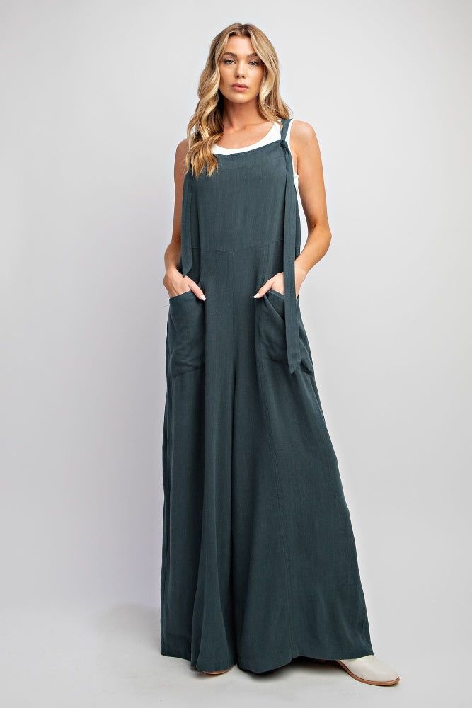 Teal Green Linen Wide Leg Jumpsuit Pants sold by Pinkblush