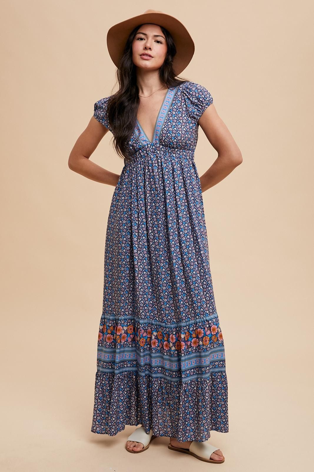 Navy Blue Border Print Ruffle Maxi Dress sold by Pinkblush