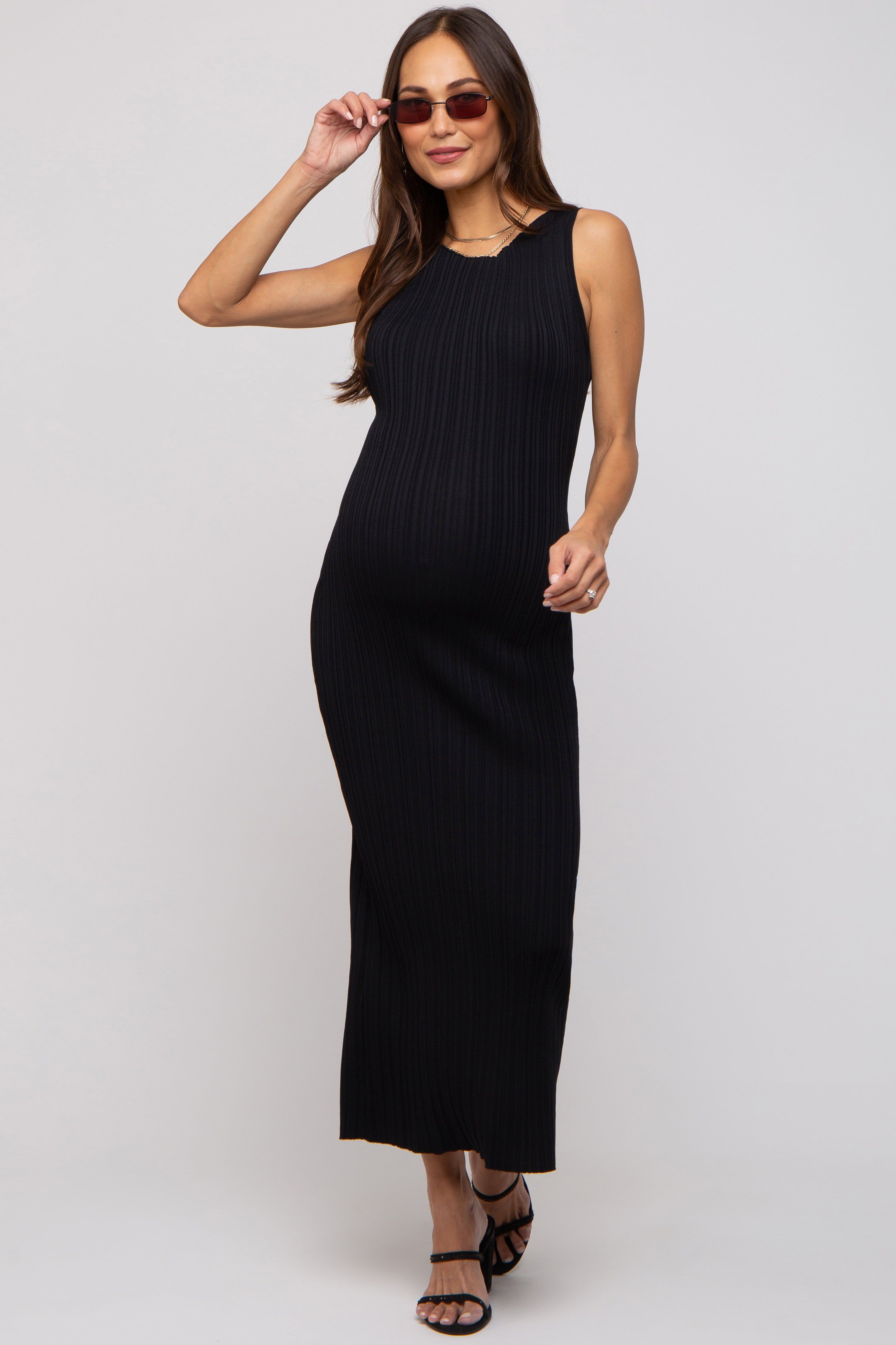 Black Sleeveless Ribbed Maternity Maxi Dress sold by Pinkblush product image thumbnail 2
